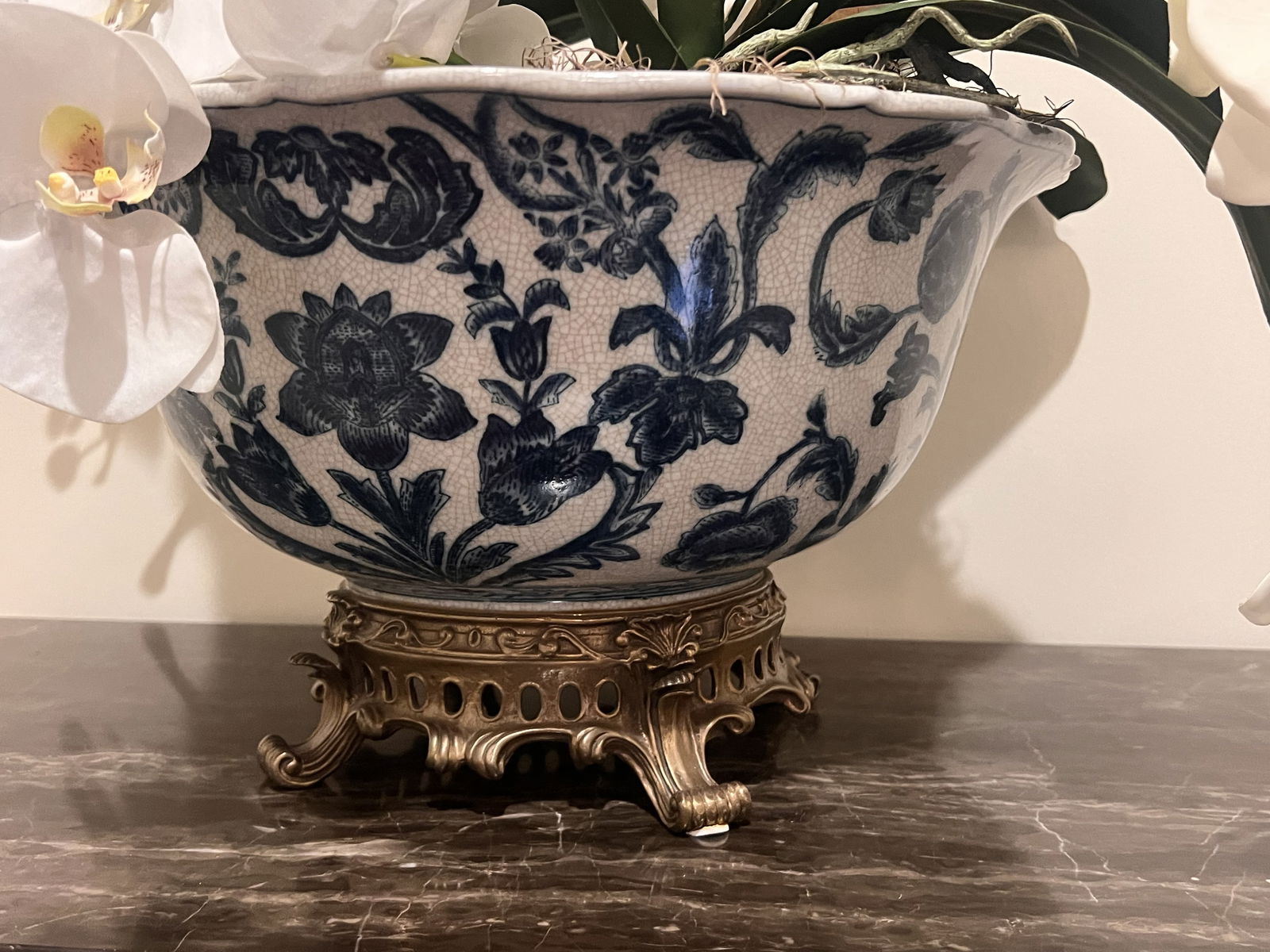 Large Blue and White Chinese Style Centerpiece Bowl with Orchids - 3