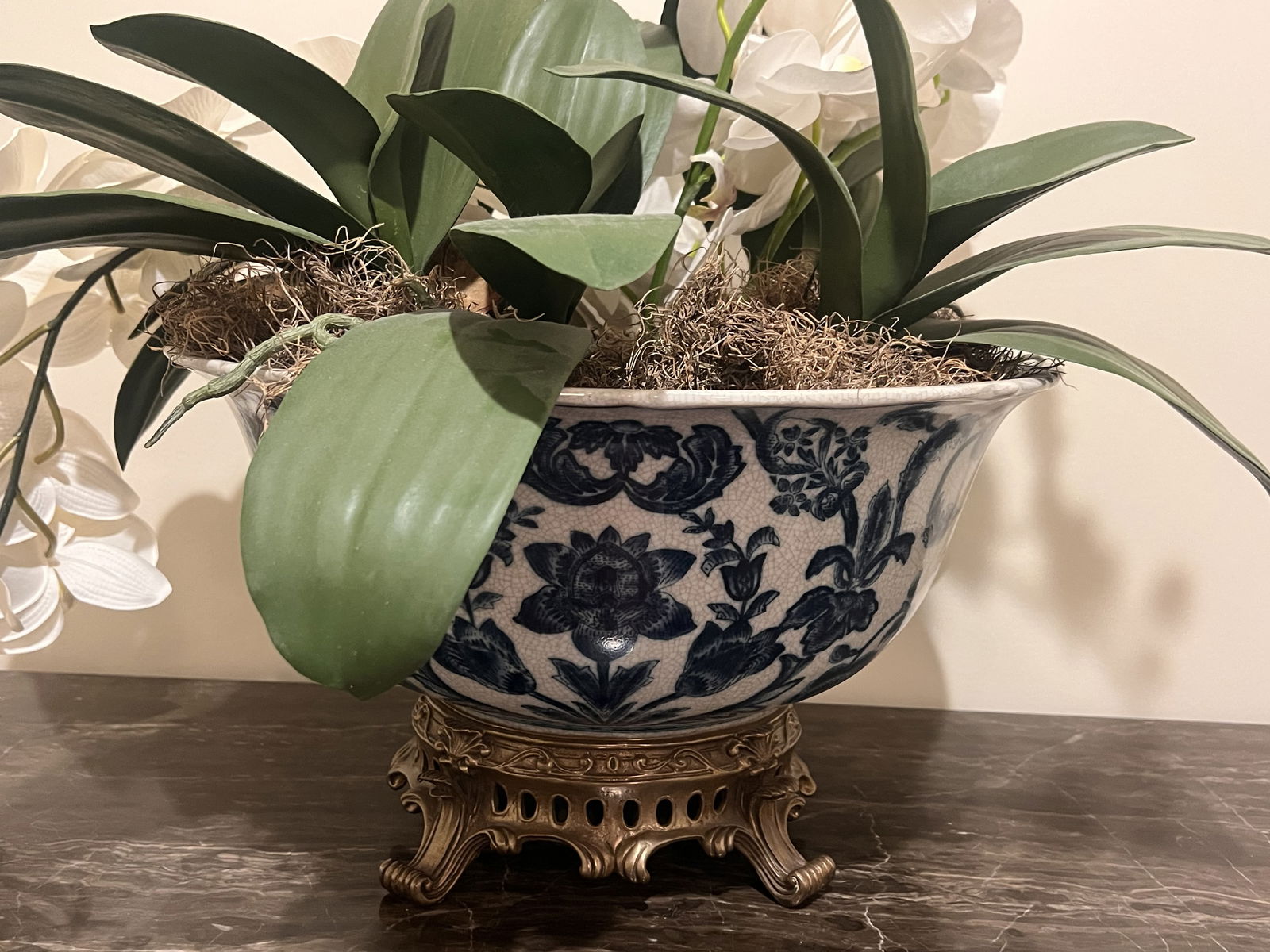 Large Blue and White Chinese Style Centerpiece Bowl with Orchids - 5