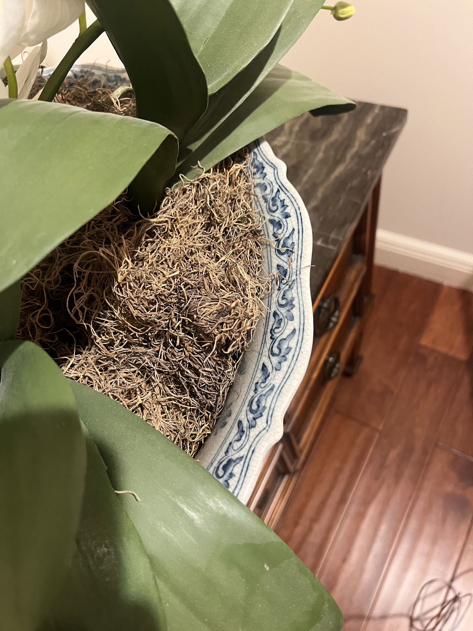 Large Blue and White Chinese Style Centerpiece Bowl with Orchids - 7