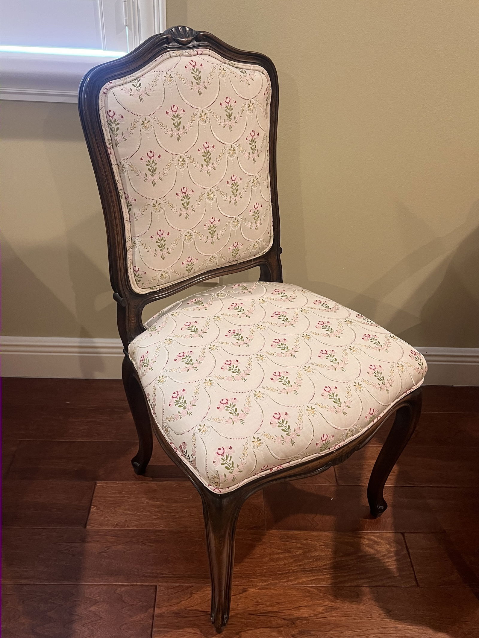 French Louis XV Style Side Chair: A single, antique style French chair with lovely floral fabric. Dimensions: H 38" x W 20" x D 18" Condition: Presenting well, lightly used. Low Estimate: 10.00High Estimate: 10000.00