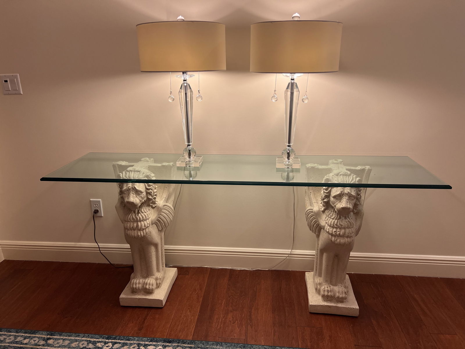 Pair of Glass & Lucite Table or Buffet Lamps: Lucite bases, glass columns, finials and pulls. No makers marks. Dimensions: H 28" x Dia: 16" (shade) Condition: One with chip to base. Low Estimate: 10.00High Estimate: 10000.00