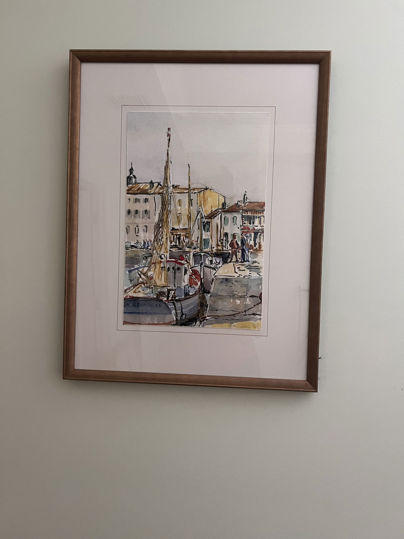 Day at the Docks Art: A watercolor reproduction, giclee in snake skin frame. Decorator art, ready to hang. Dimensions: H 27" x W 21" Condition: no issues to note. Low Estimate: 10.00High Estimate: 10000.00