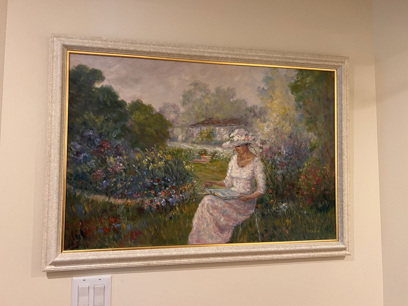 V Bush Impressionist Oil Painting: An original oil on canvas painting of a reading lady in a field of beautiful flowers. Impressionist, vintage. Signed lower right and dated 88. Dimensions: H 29" x W 40.5" Condition: Presenting