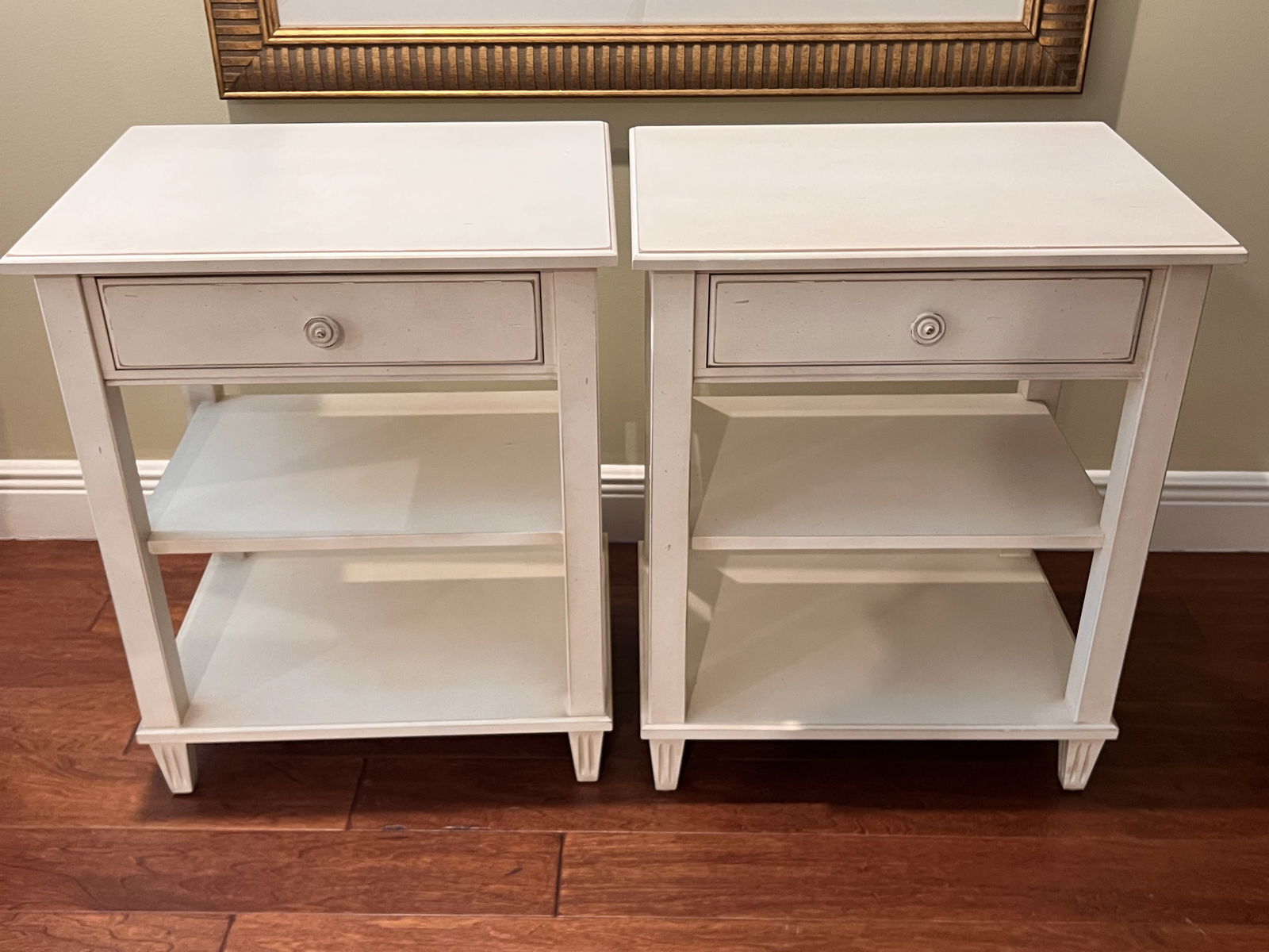 Pair of White Wood Night Stands: Ethan Allen night stands or end tables. Made in America, solid wood, shabby chic off white paint. H 28" x W 23" x D 17" Condition: Used, minor signs of use. Intentionally Shabby Chic. Low Estimate: