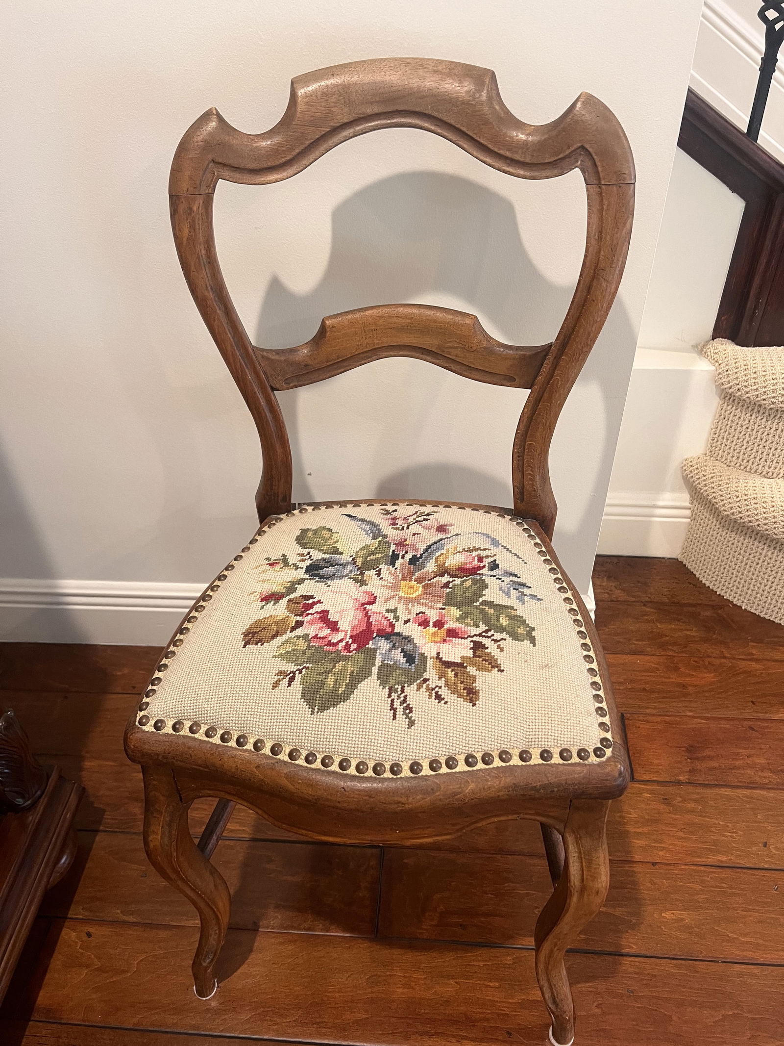 Antique Victorian Upholstered Side Chair: Victorian, Late 19th Century with balloon back, cabriole legs, floral needlepoint seat and brass rivets. So sweet. Dimensions: H 33.5" x W 16.5" x D 14" x Seat Height: 18" Condition: Normal, light sig
