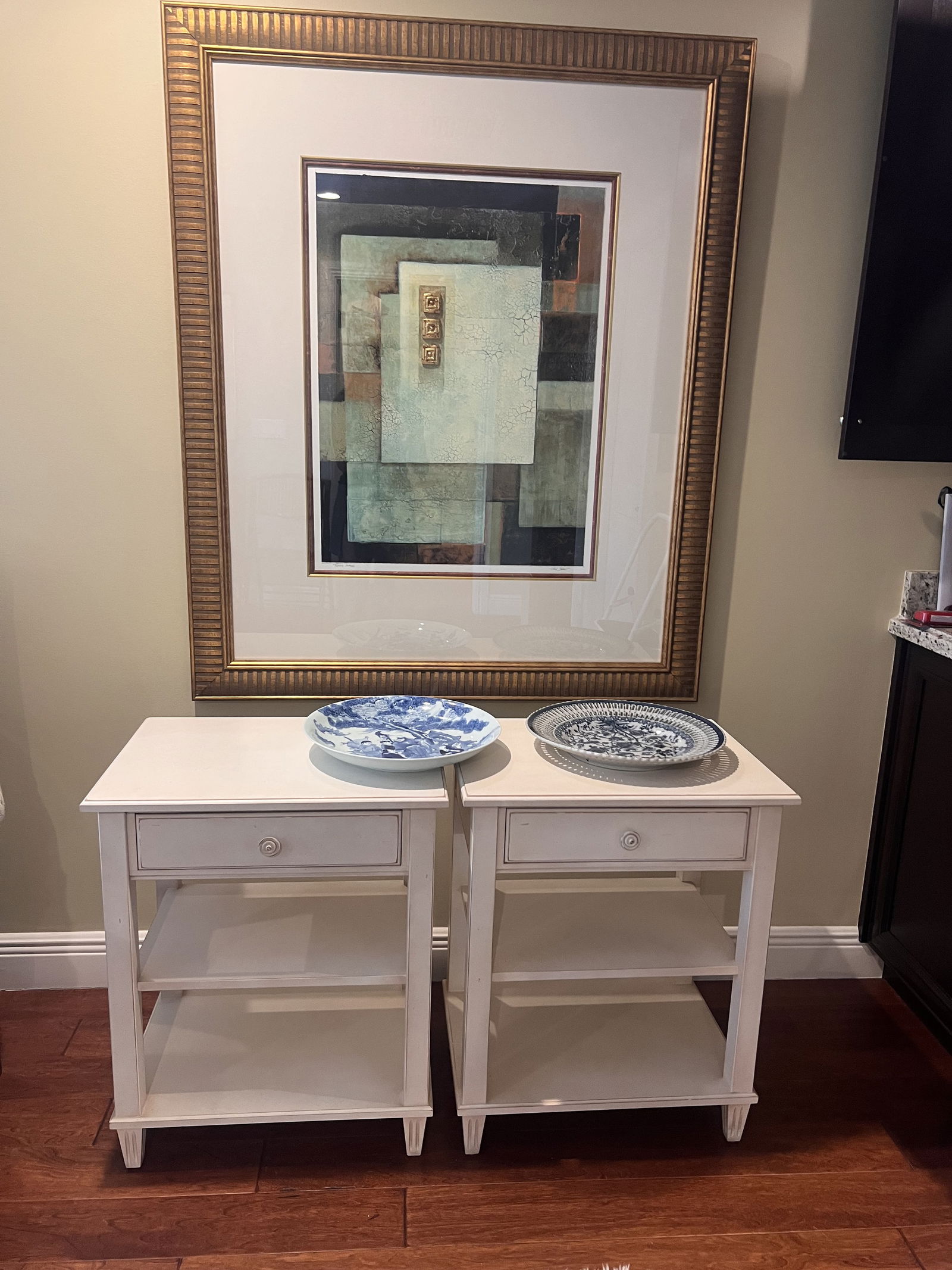 Large Signed Mixed Media Print: Gold frame, geometic patterns with applied paints and 3D square accents. Signed lower right. Low Estimate: 10.00High Estimate: 10000.00