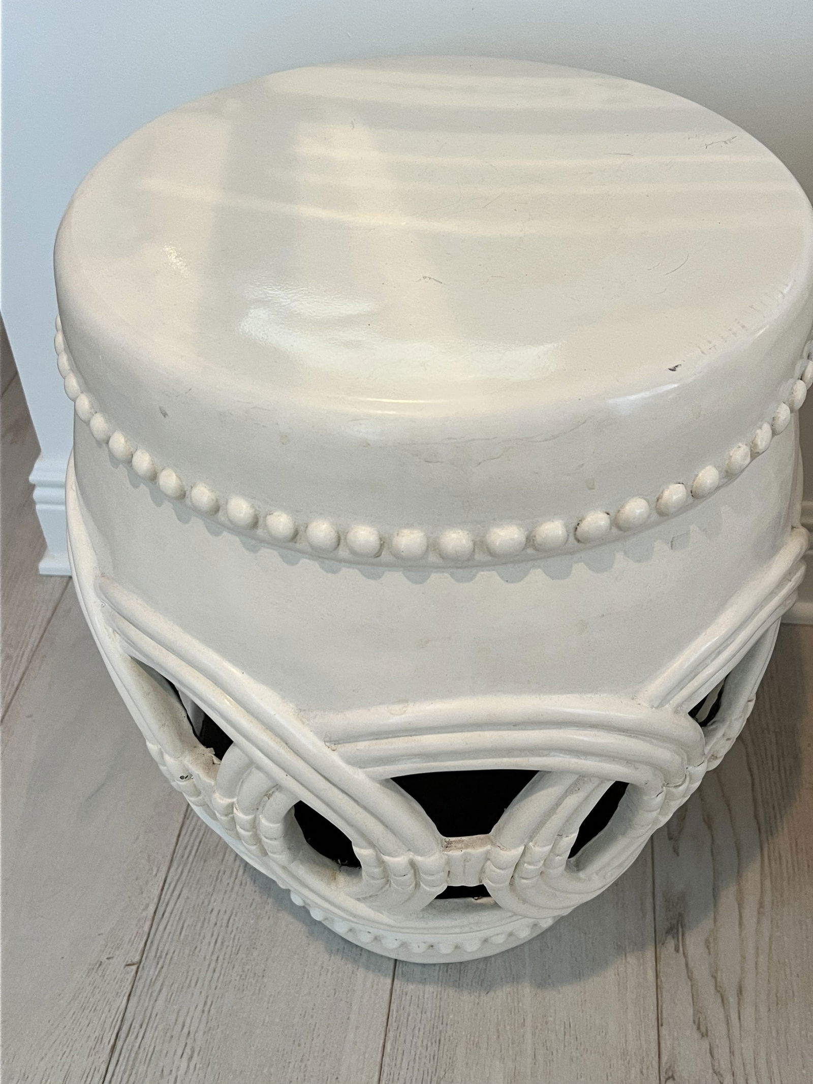 Pair of White Fiberglass Double Coin Garden Stools - 2