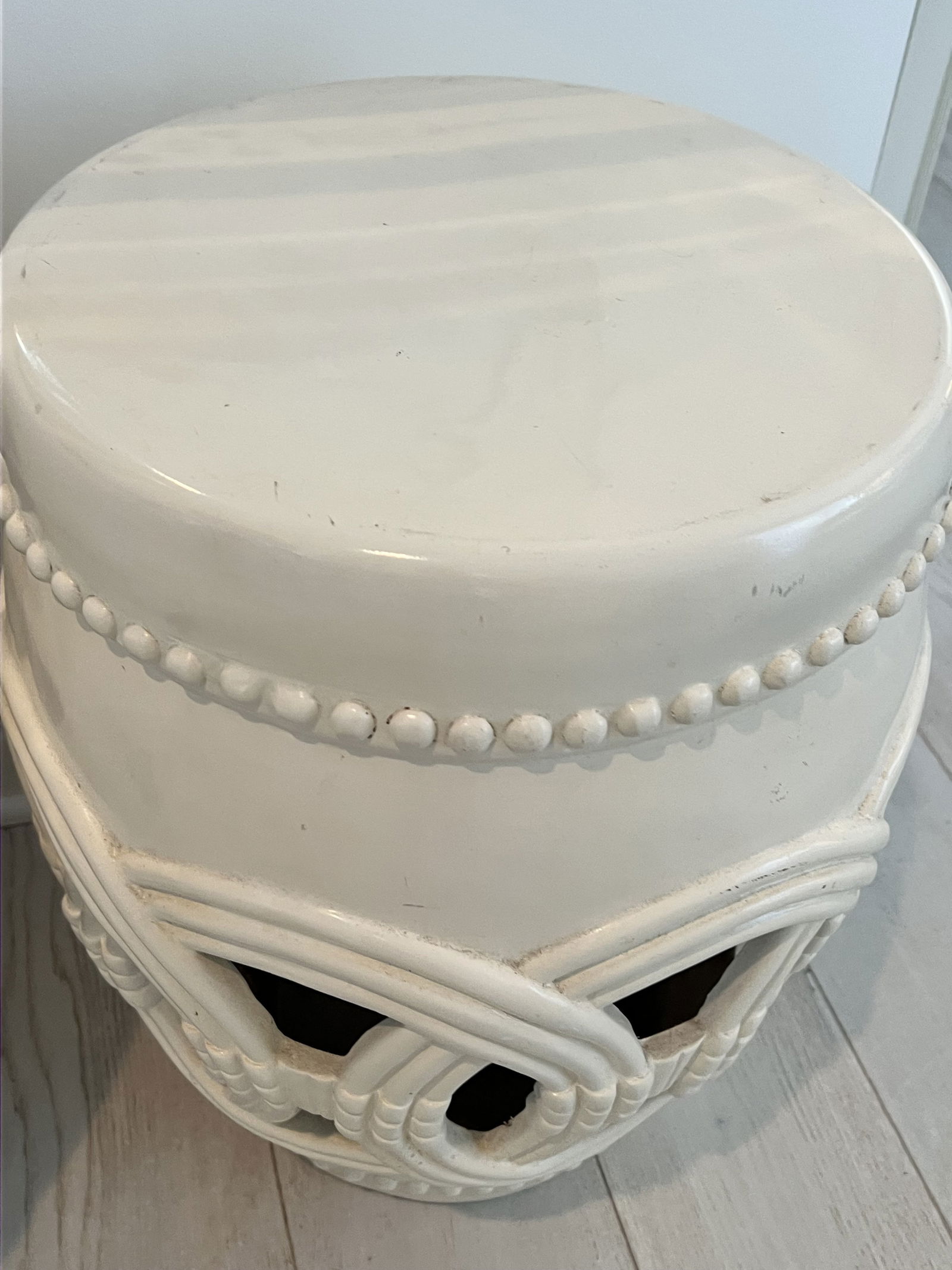 Pair of White Fiberglass Double Coin Garden Stools - 3