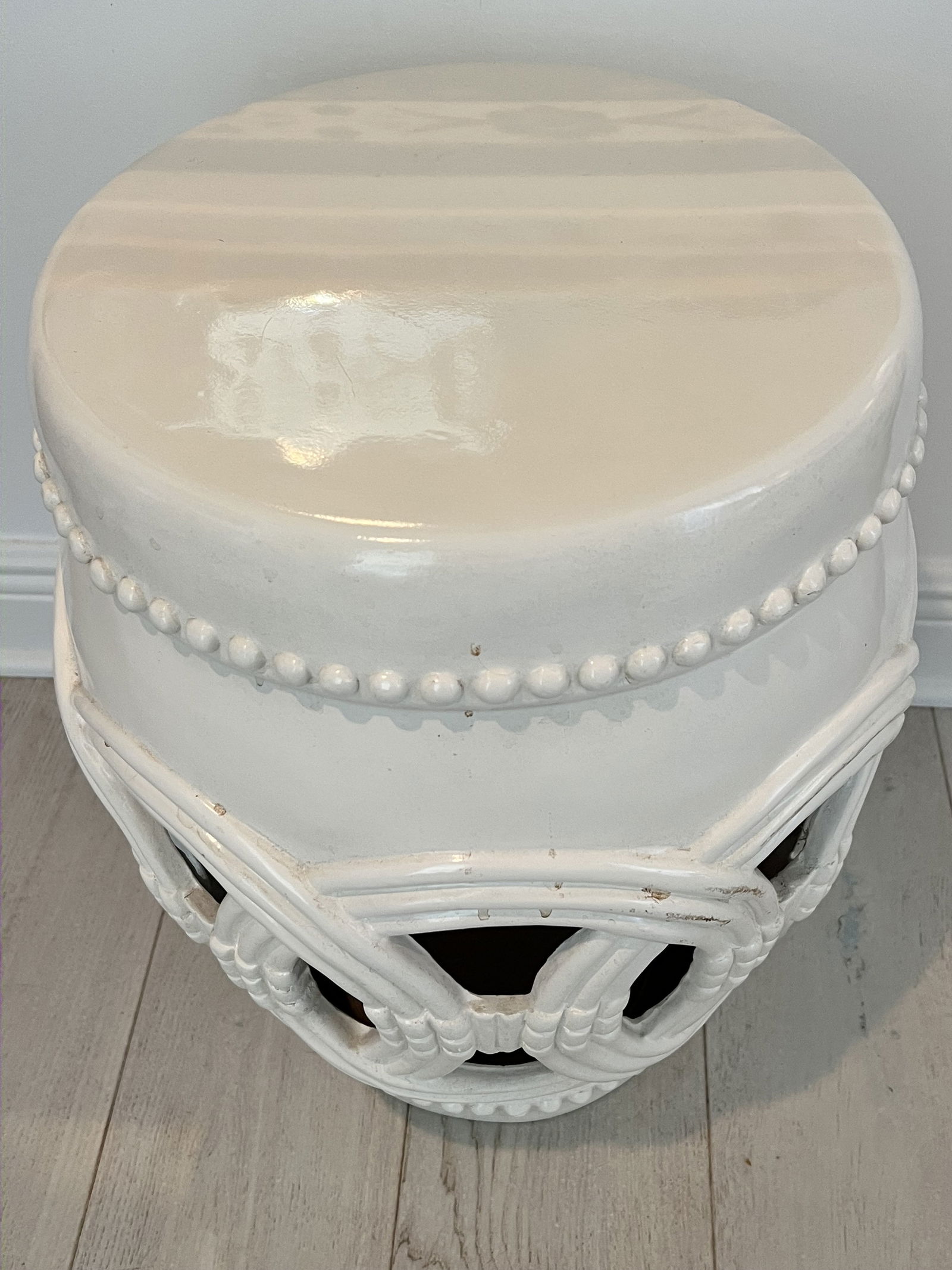Single White Fiberglass Double Coin Garden Stool - 2