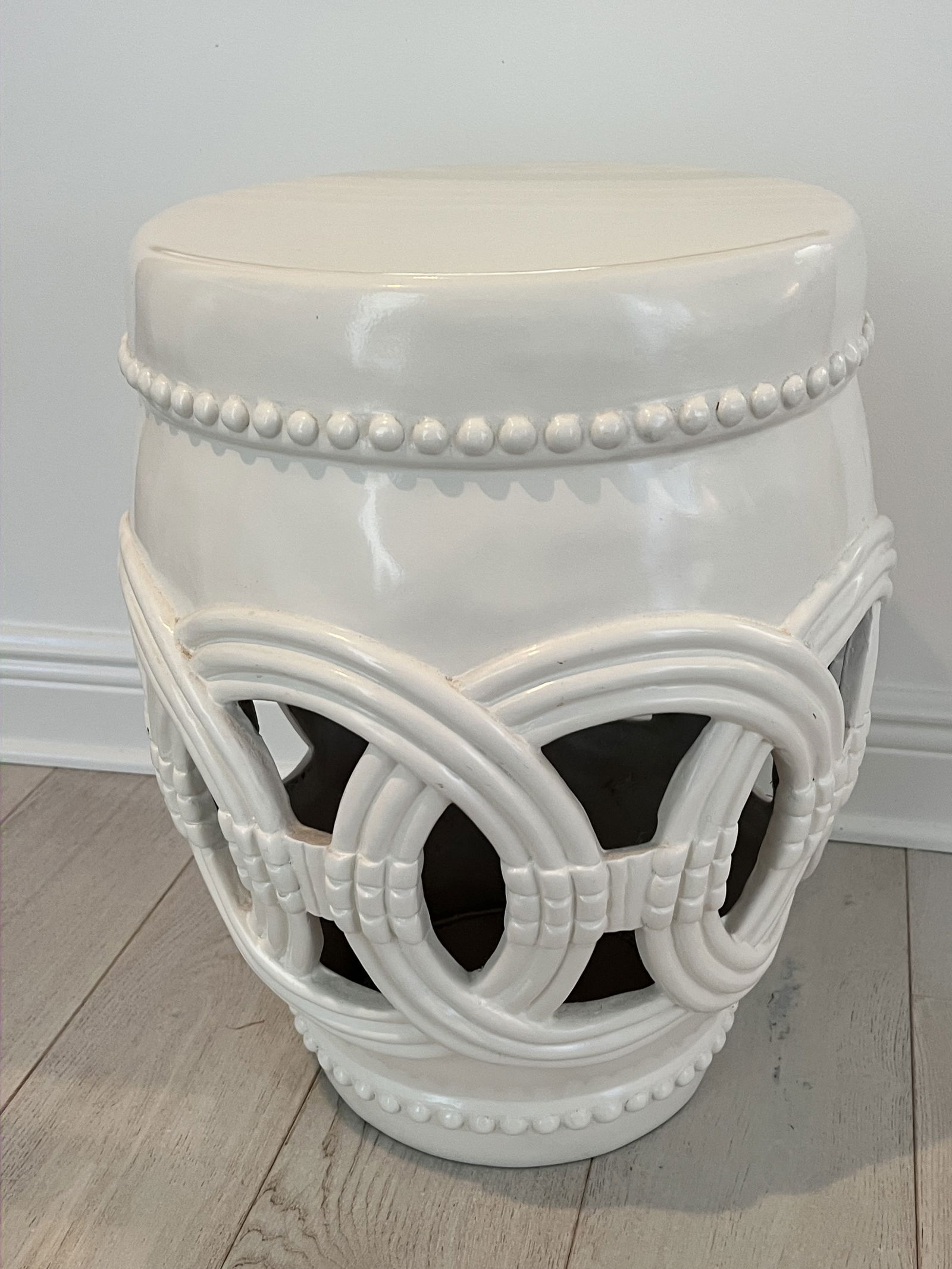 Single White Fiberglass Double Coin Garden Stool - 4
