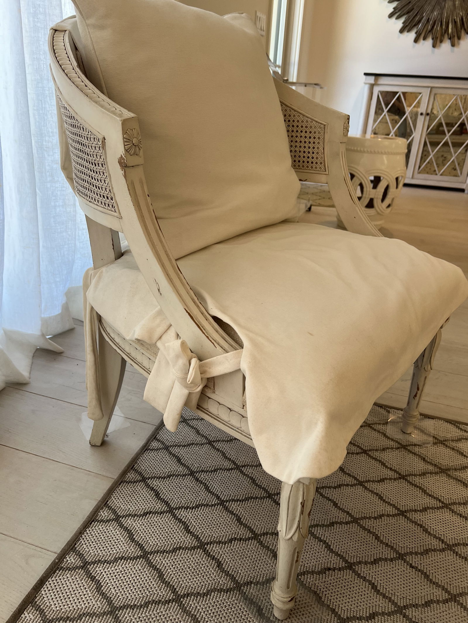 Pair of White Slipcovered French Louis XVI Cane Arm Chairs - 15