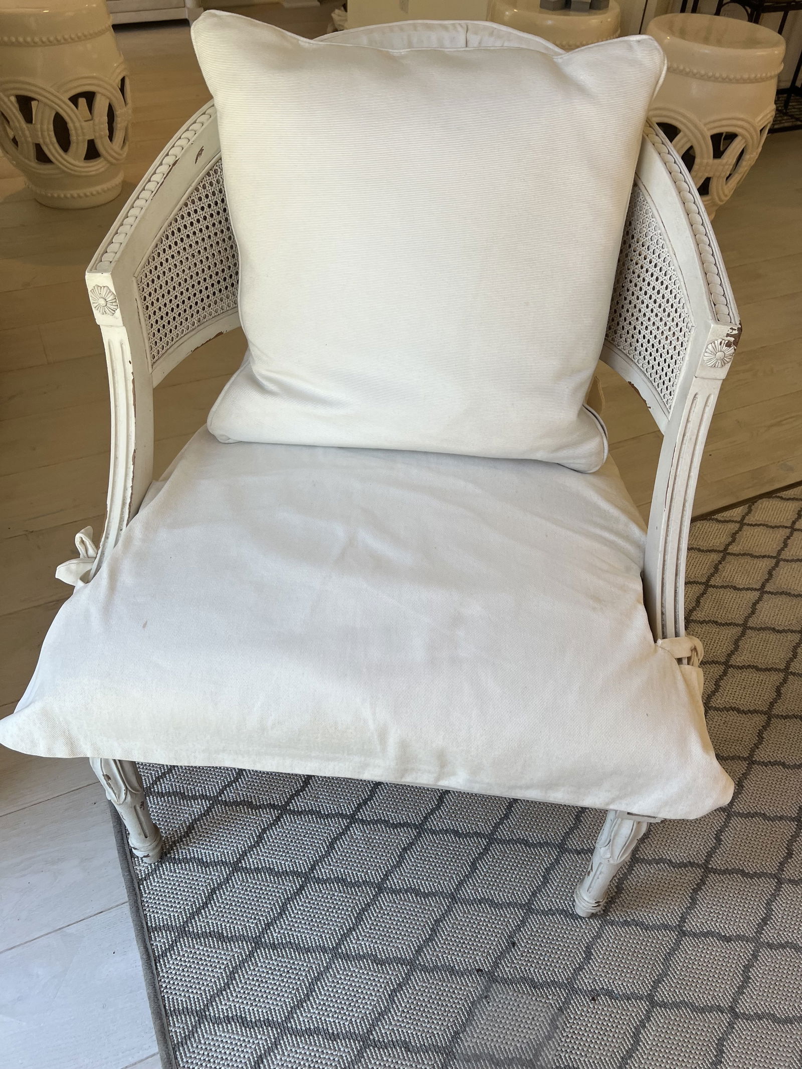 Pair of White Slipcovered French Louis XVI Cane Arm Chairs - 19