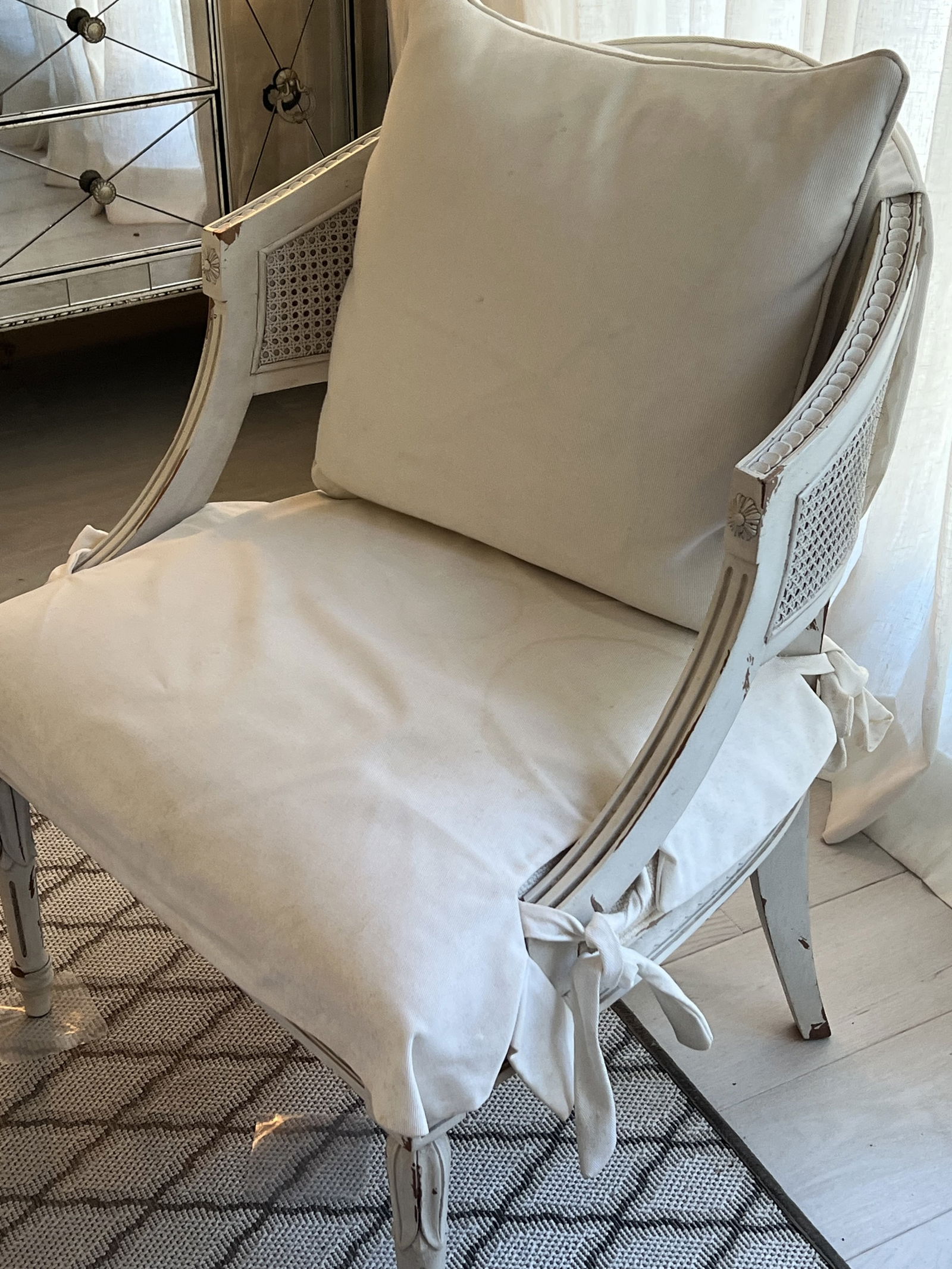 Pair of White Slipcovered French Louis XVI Cane Arm Chairs - 20