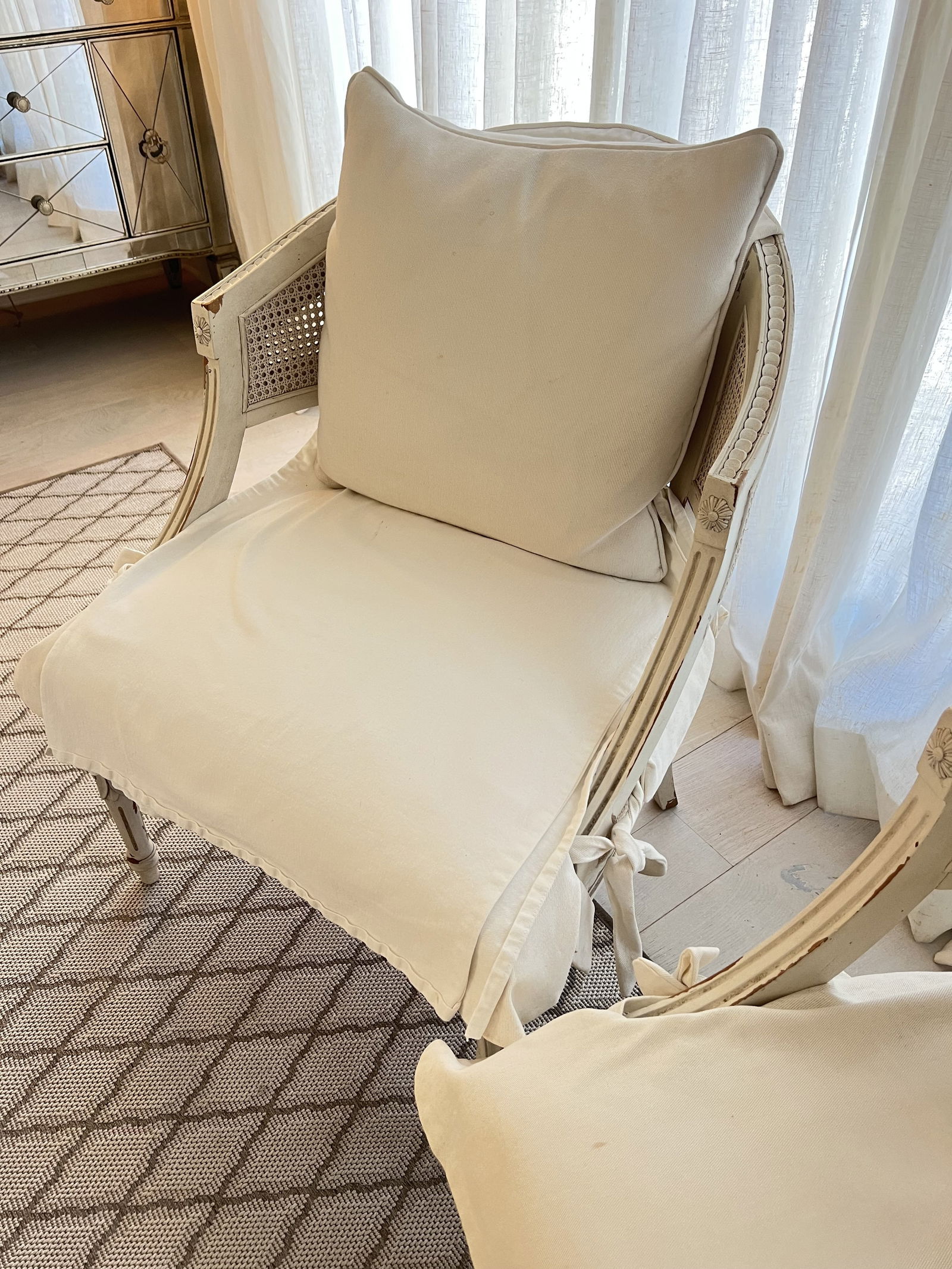 Pair of White Slipcovered French Louis XVI Cane Arm Chairs - 4