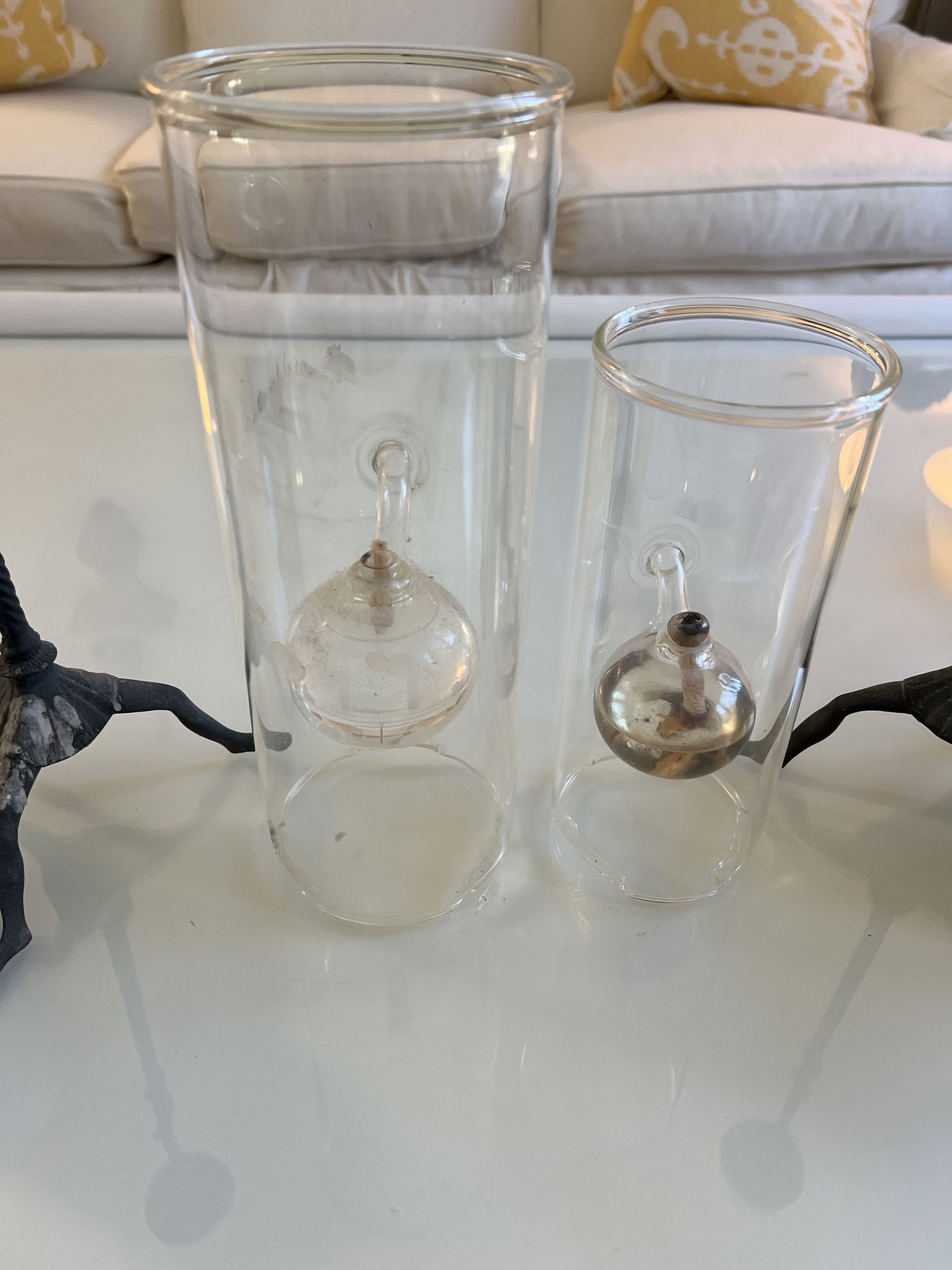 Wolfard Glassblowing Classic Oil Lamps: Modernist designed, clear, blown glass oil lamps. Dimensions: Tallest: H 12" x Dia: 4.5" Condition: Used. Low Estimate: 10.00High Estimate: 10000.00