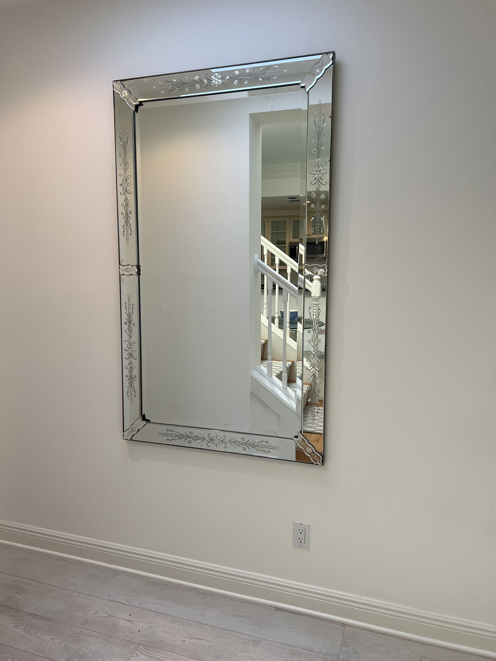 Antique Venetian Mirror: Italian Venetian Mirror. Nice, clean lines on this rectangular shaped mirror. Featuring flowers and vine scrolling. Dimensions: H 61" x W 36" Condition: Very good. Low Estimate: 10.00 High Estimate: