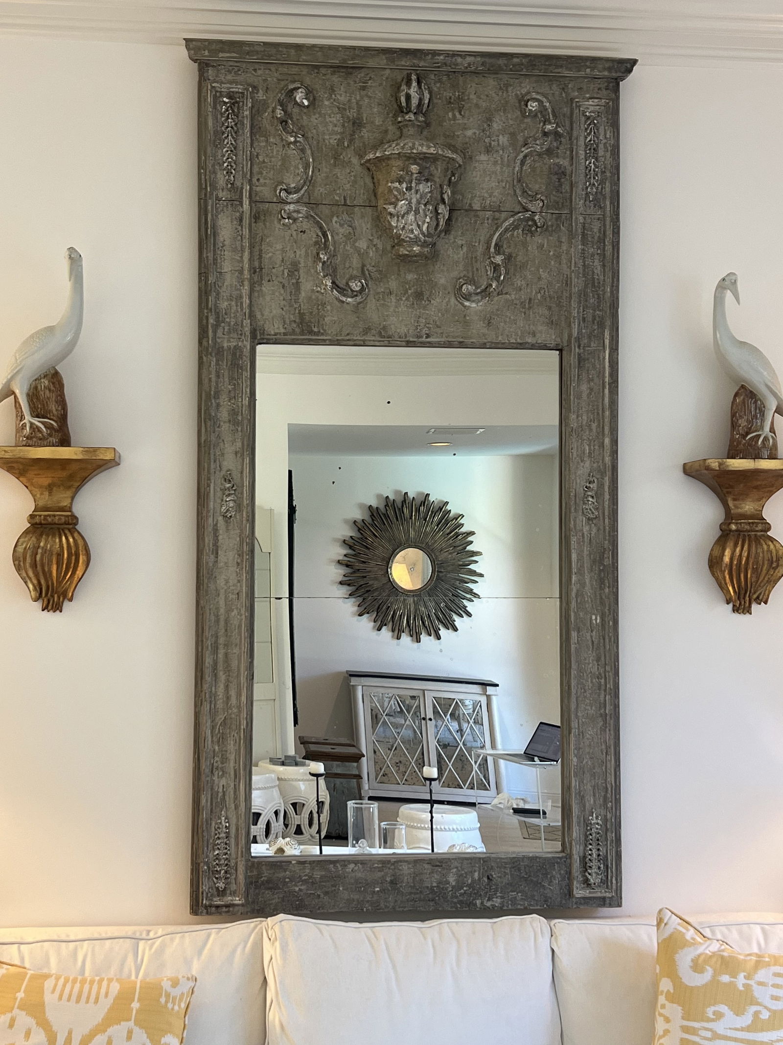 Antique French Paneled Carved and Painted Mirror