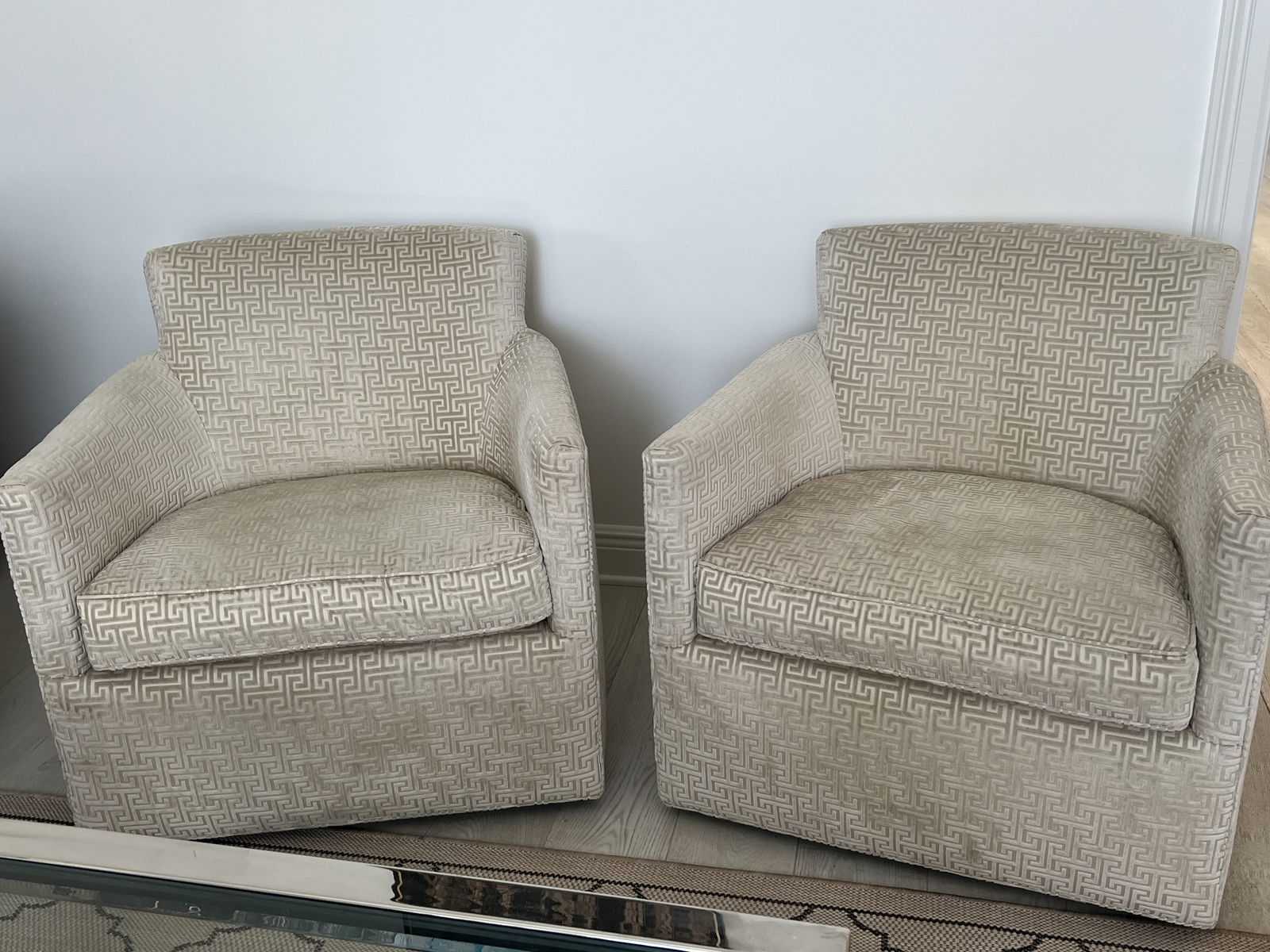 A. Rudin Greek Key Swivel Chairs: Classic Mid-Century design, contemporary by A. Rudin with geometic Greek Key velvet upholstery and down blend cushions. Swiveling barrel chairs, very comfortable. Dimensions: H 29.5" x W 30" x D 30"