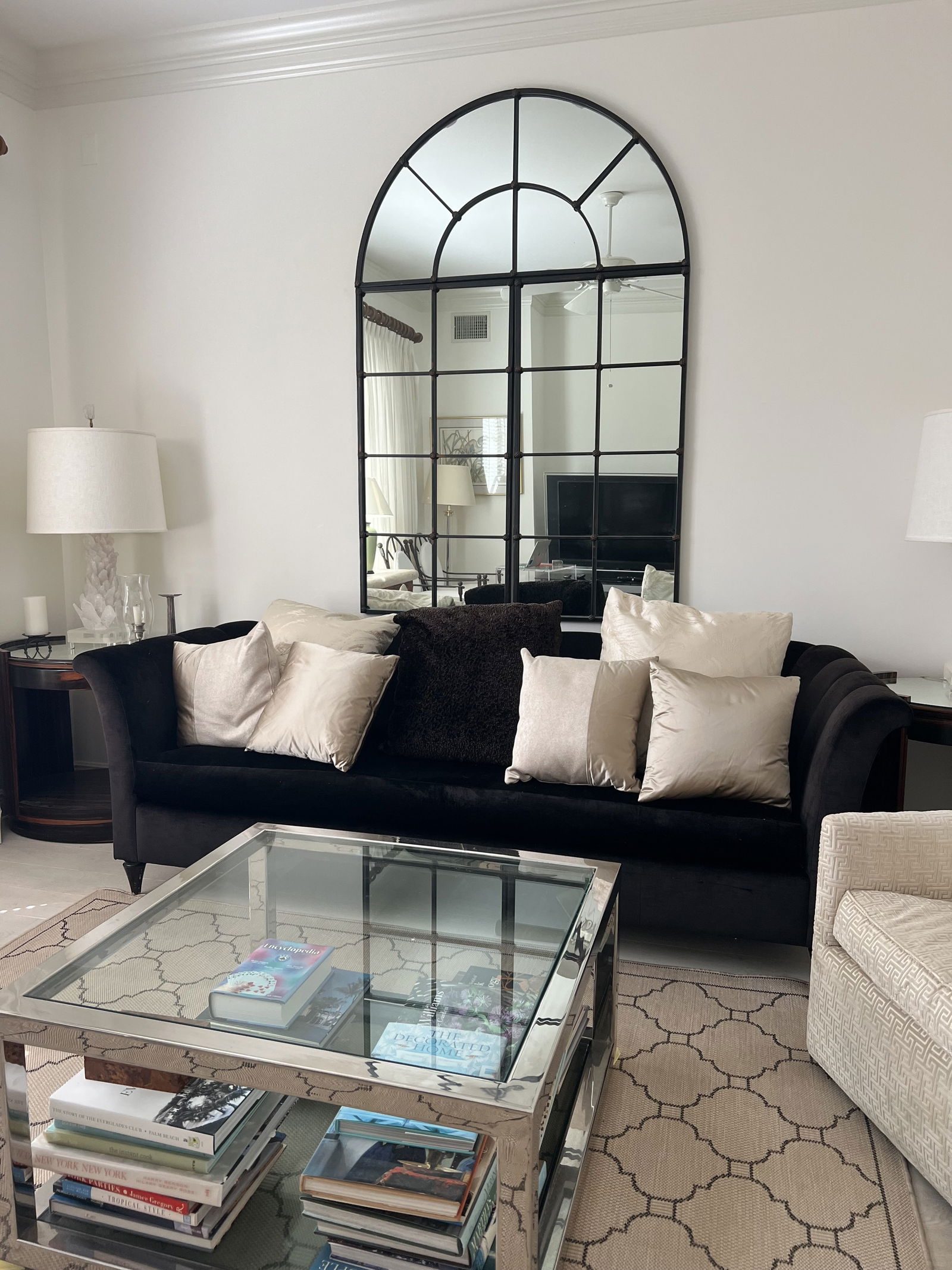 Large Arched Windowpane Mirror (1 of 2): A blackened copper colored metal with mirror and arched top. Designer quality, not amazon or Wayfair. Three piece design for easy hanging. There are two of these mirrors in the auction. This listing