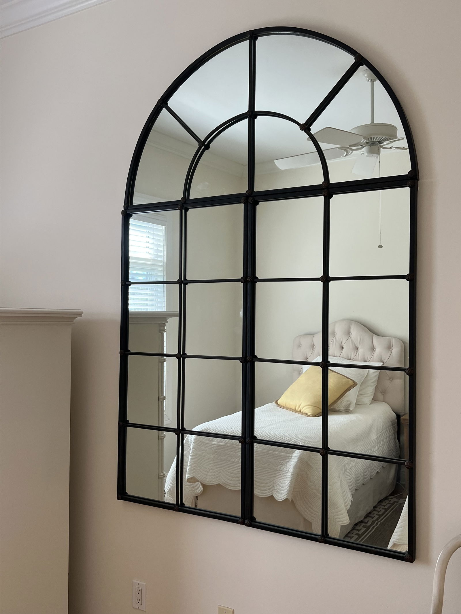 Large Arched Windowpane Mirror (2 of 2): A blackened copper colored metal with mirror and arched top. Designer quality, not amazon or Wayfair. Three piece design for easy hanging. There are two of these mirrors in the auction. This listing