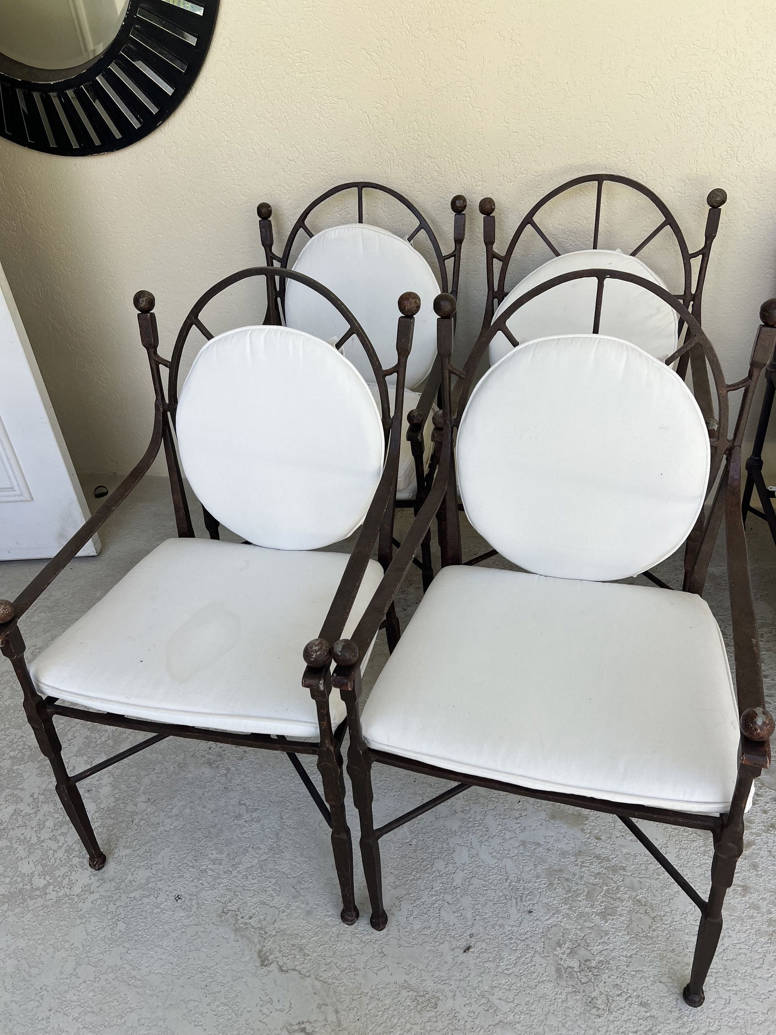 (4) Bistro Tommi Parzinger Style Chairs: Dimensions: H 38" x W 22" x D 24" Condition: Signs of use and staining to fabric. Low Estimate: 10.00High Estimate: 10000.00