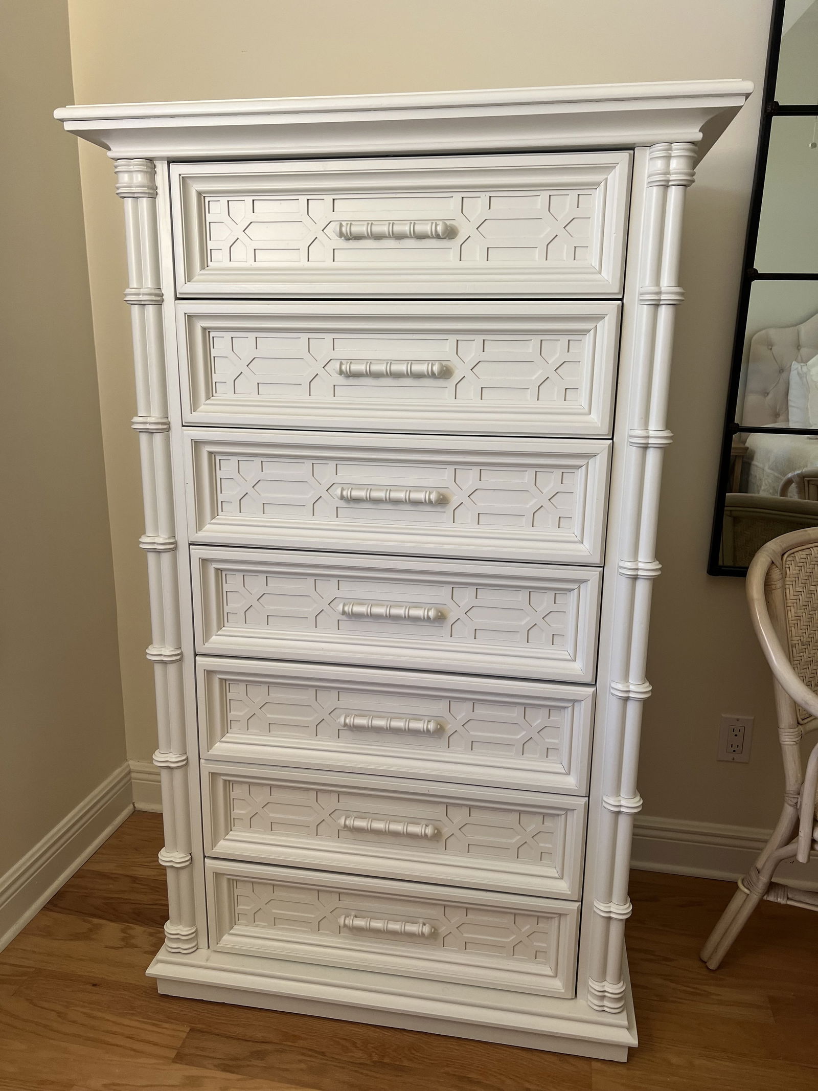 Tall White Hollywood Regency Style Chest of Drawers: 7 drawer tall chest in gorgeous, crisp white finish. Hollywood regency style with bamboo accents and lattice work. National Mt Airy Vanleigh furniture showrooms. Dimensions: H 60" x W 37.5" x D 21"