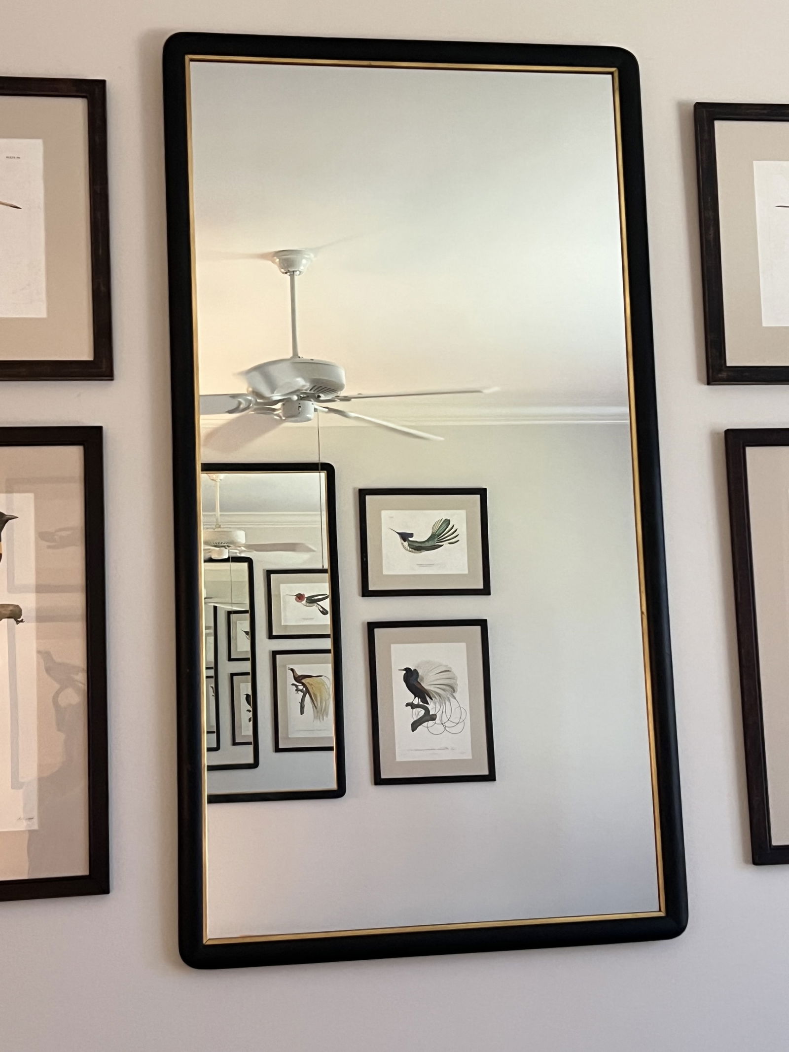 Vintage Black and Gold Frame Mirror: A large hall or wall mirror. There are two of these in the sale, they make a lovely large pair. The other one is the next lot up. A lovely vintage wood frame with original black and gold leaf