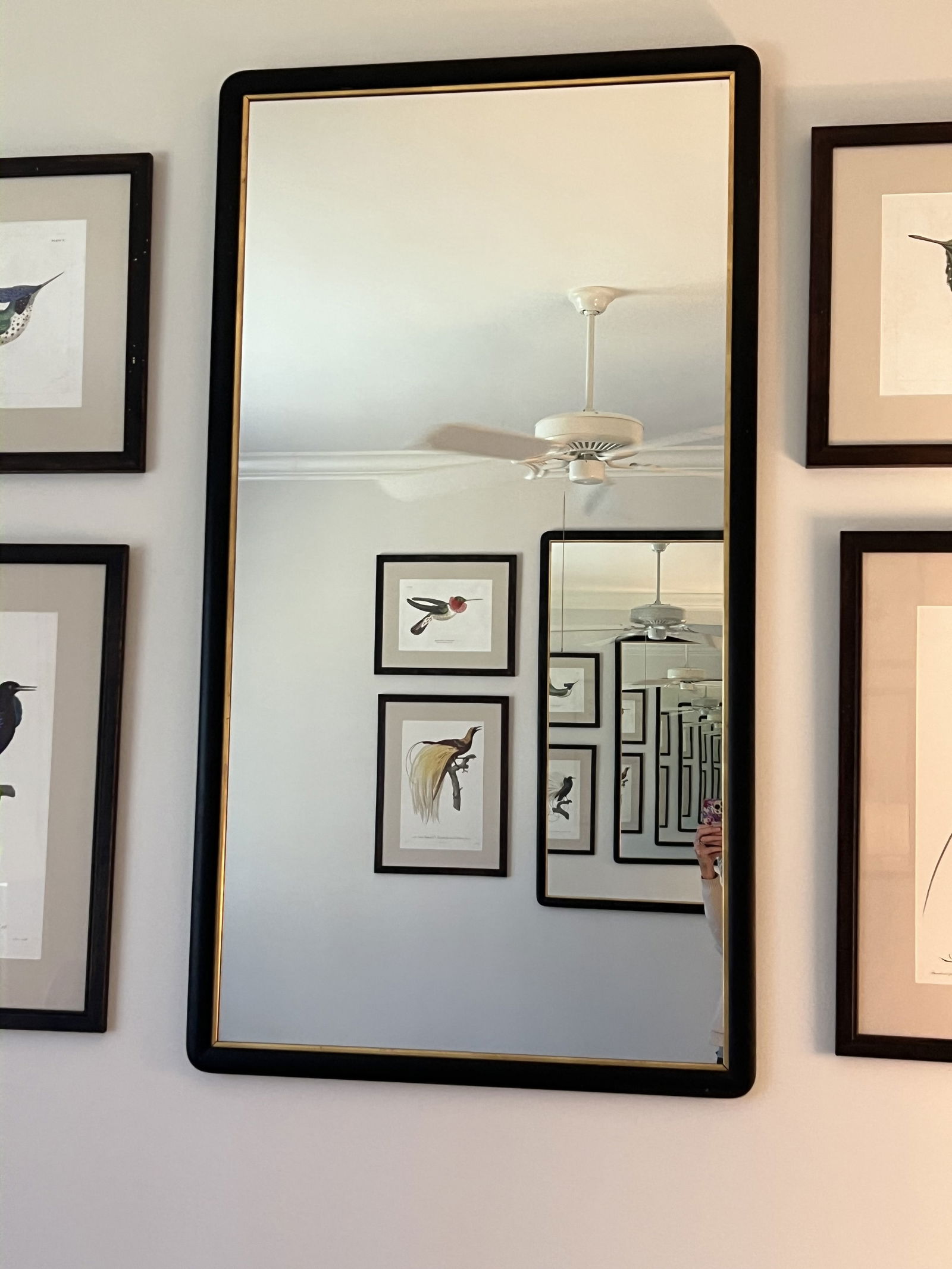 Vintage Black and Gold Frame Mirror: A large hall or wall mirror, stunning black and gold. There are two of these in the sale, they make a lovely large pair. The other one is the previous lot. A lovely vintage wood frame with original