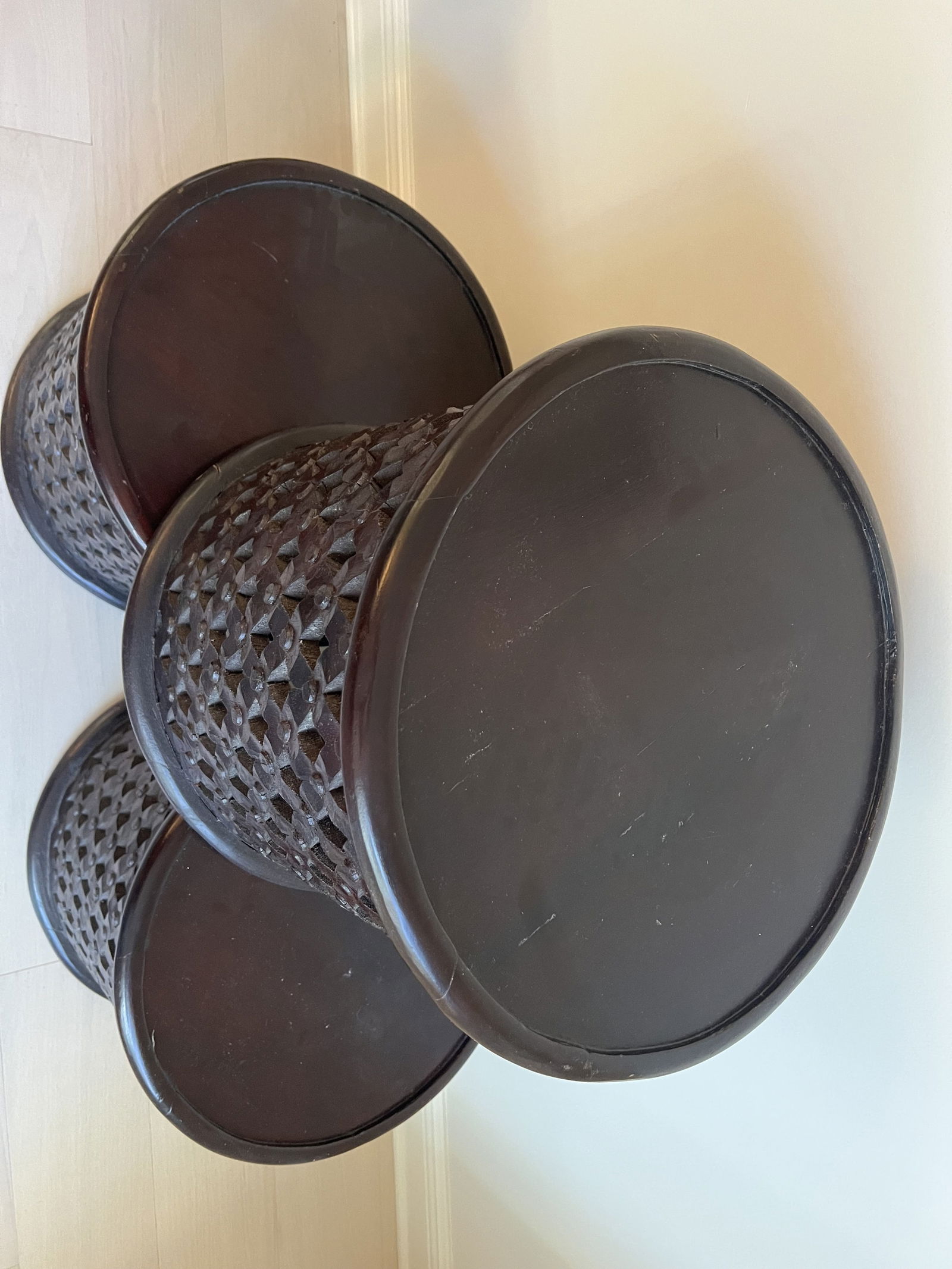 (3) Carved Drum Or Bamileke King Stools - 3