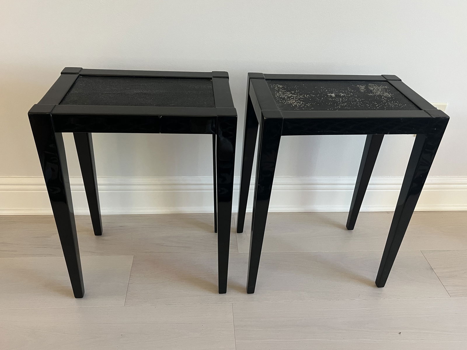 Pair of J. Robert Scott Black Shagreen Side Tables: Sally Sirkin Lewis for J Robert Scott, black lacquer and faux shagreen. Label under. Dimensions: H 20.5" x W 15" x D 10" Condition: Both tops have obvious wear, edge chips to paint. Low Estimate: