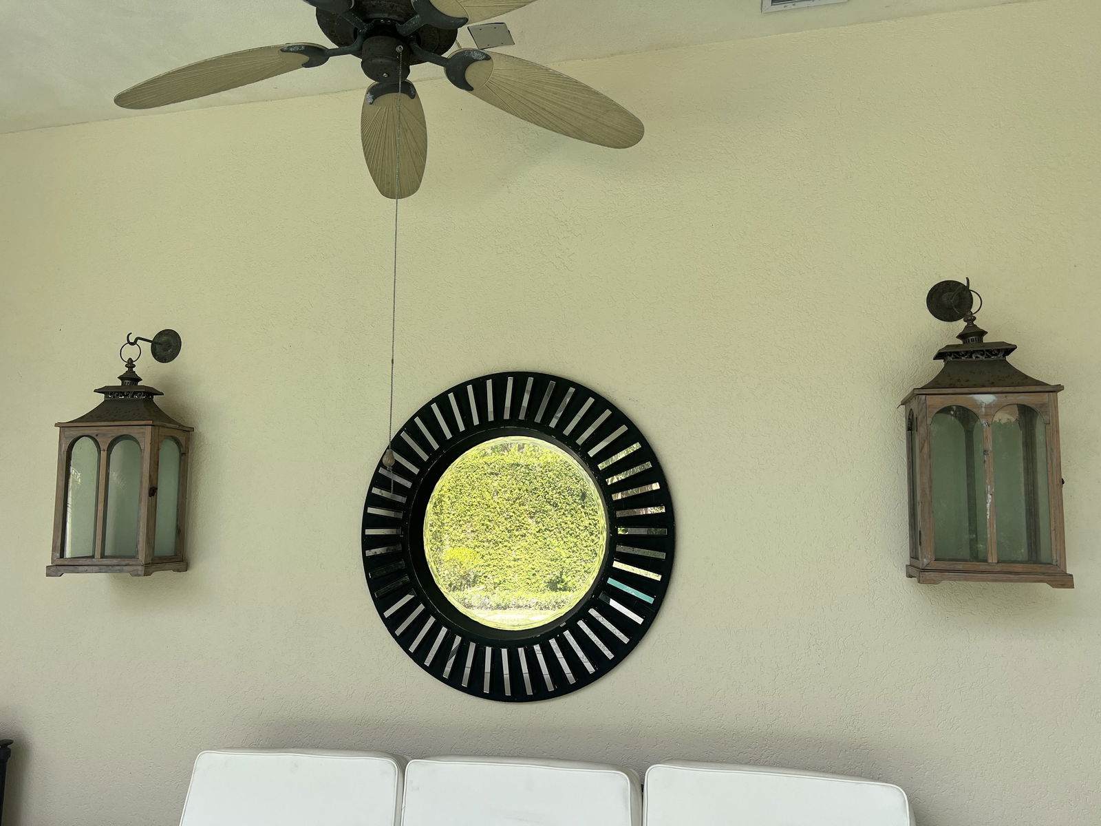 Wood and Glass Outdoor Wall Lanterns: Shabby chic, country finish. Dimensions: H 30" x W 13" x D 9" Condition: Signs of outdoor use, sturdy, no breaks. Low Estimate: 10.00High Estimate: 10000.00