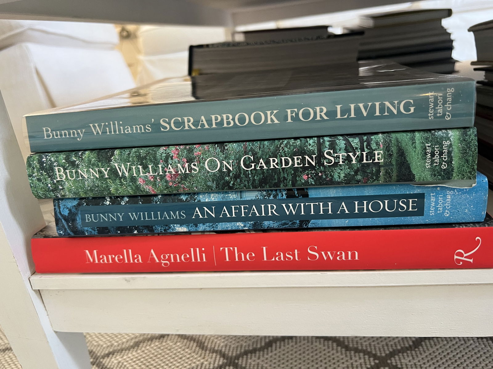 Lot of 4 Interior Design Books: Bunny Williams Scrapbook for Life, Bunny Williams on Garden Style, Bunny Williams An Affair with a House, Marella Agnello The Last Swan. Dimensions: Largest: L 12.56" x W 10" Low Estimate: 10.00High