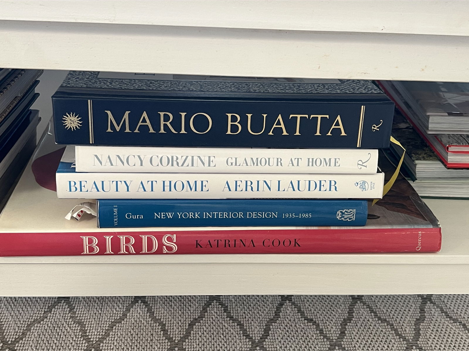 Lot of 5 Interior Design Books: Mario Buatta, Nancy Corzine, Aerin Lauder Beauty at Home, Gura New York Interior Design, Birds by Matrina Cook. Dimensions: Largest: L 17.5" x W 14.5" Condition: Presenting well. Low Estimate: