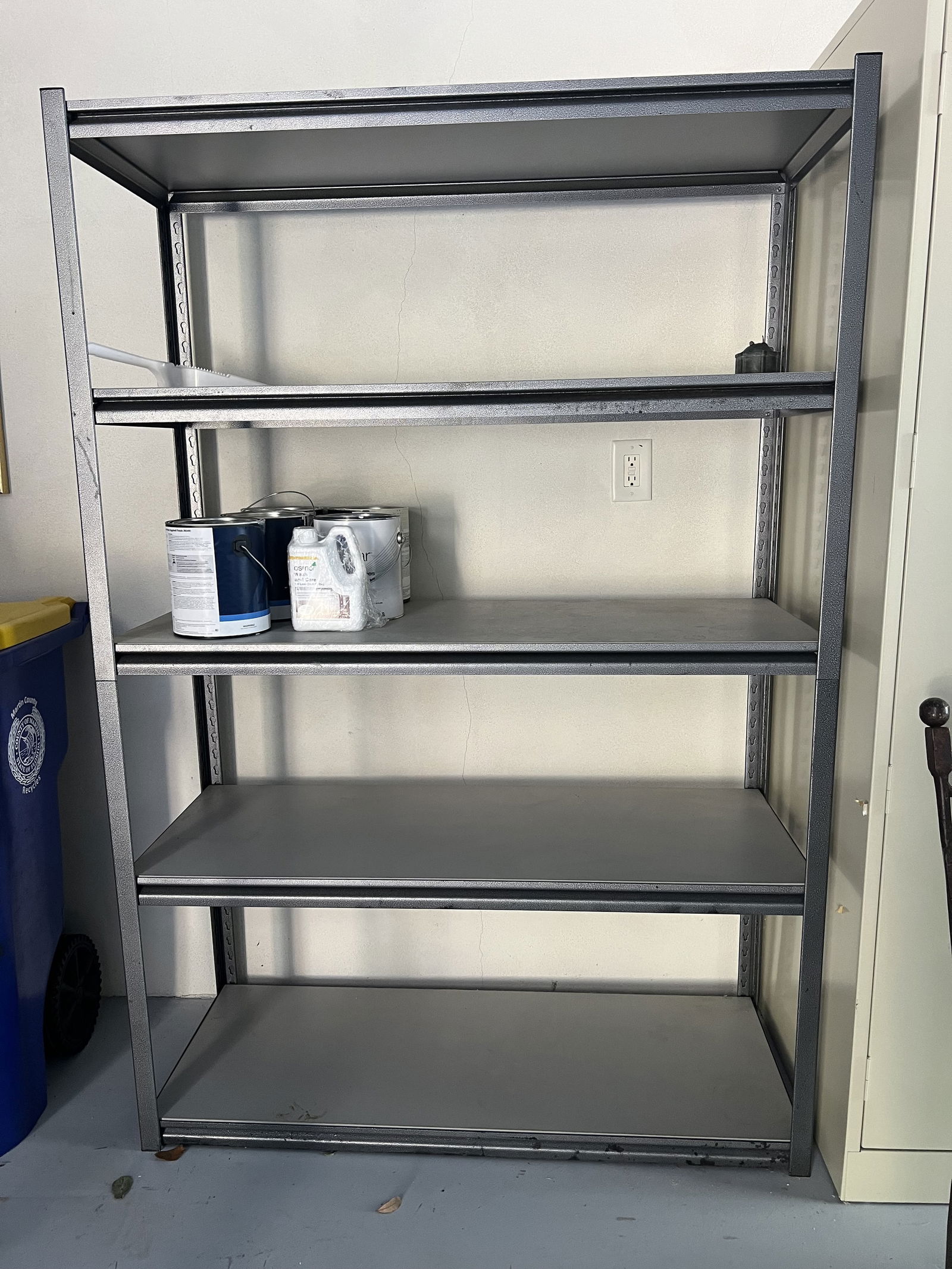 Metal Shelf for Garage: Dimensions: H 72" x W 49" x D 18" Condition: Normal, light use. Low Estimate: 10.00High Estimate: 10000.00