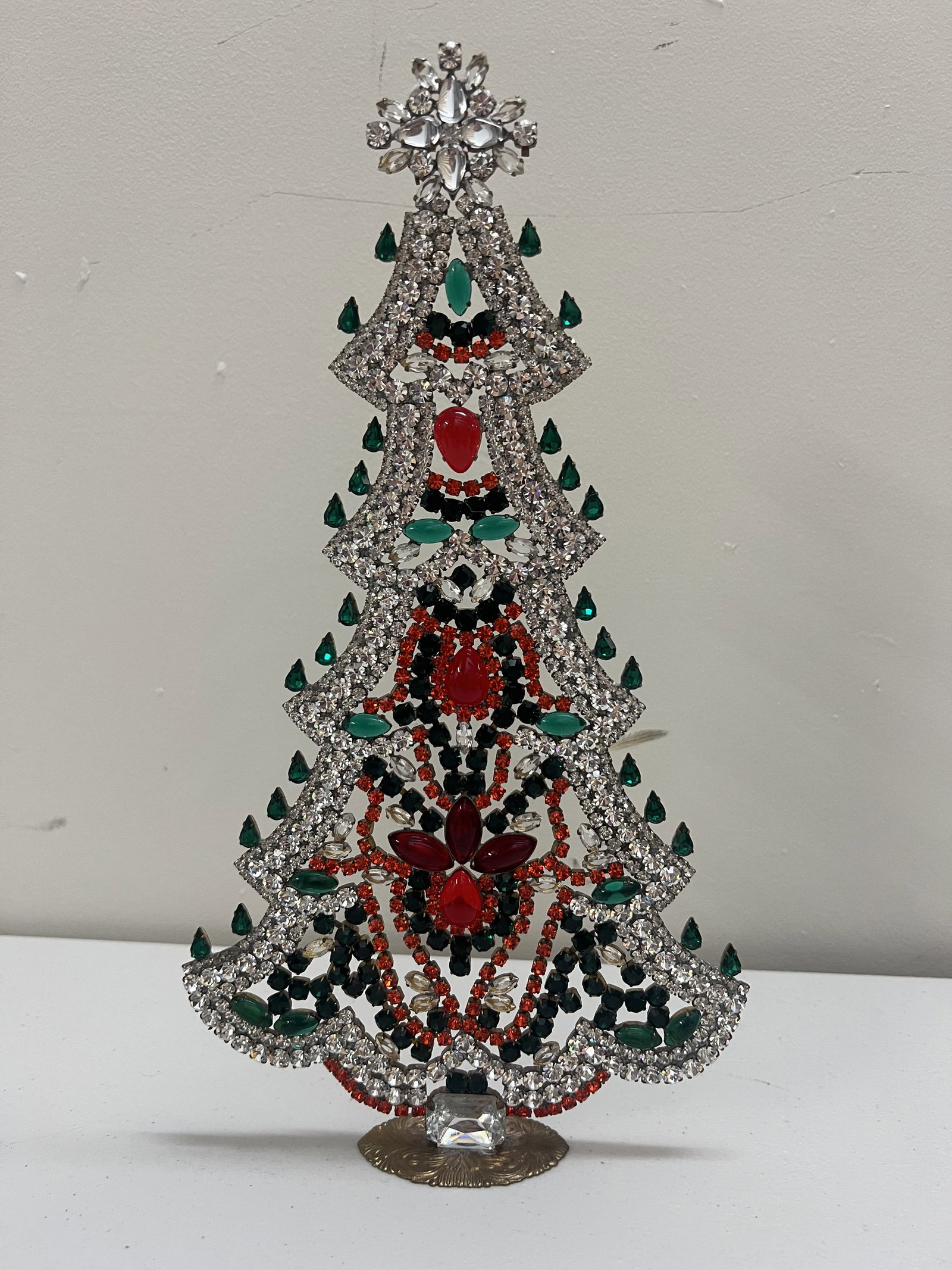 Vintage Czech Rhinestone Crystal Christmas Tree: Bijoux. Large size measuing 12.5" x 7" A nice mix of colors and shapes. Condition: Presenting well. Low Estimate: 10.00 High Estimate: 10000.00