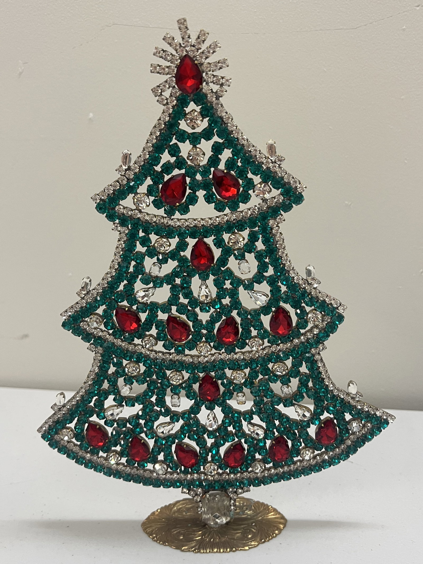 Vintage Czech Rhinestone Crystal Christmas Tree: Husar D with mostly green and lots of tear drop shaped stones. Large Size measuring 12" x 9" Condition: Very good. Low Estimate: 10.00 High Estimate: 10000.00