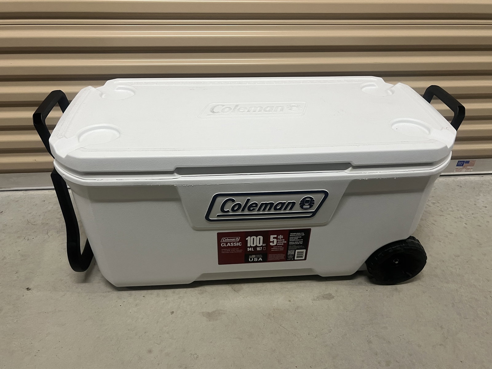 Coleman Classic 100Qt Large Rolling Cooler: Nice, barely used condition. White. Dimensions: H 18" x W 39" x D 17" Low Estimate: 10.00 High Estimate: 10000.00