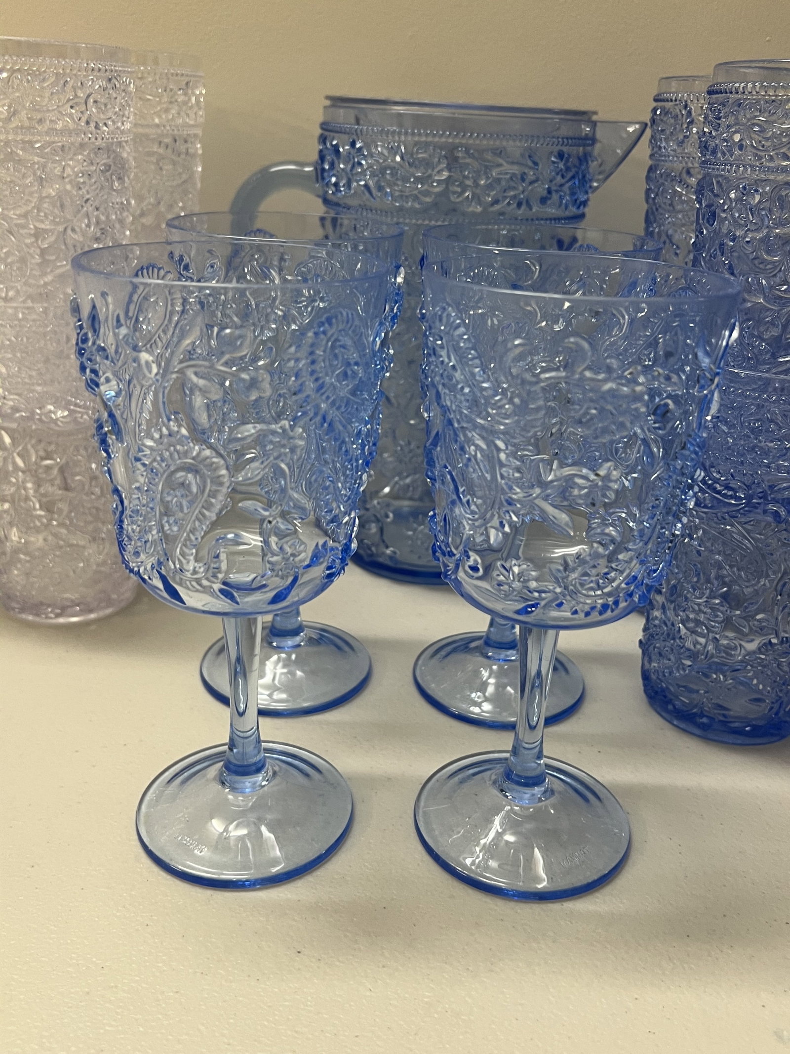 Blue and White Plastic Pitcher and Glasses - 2