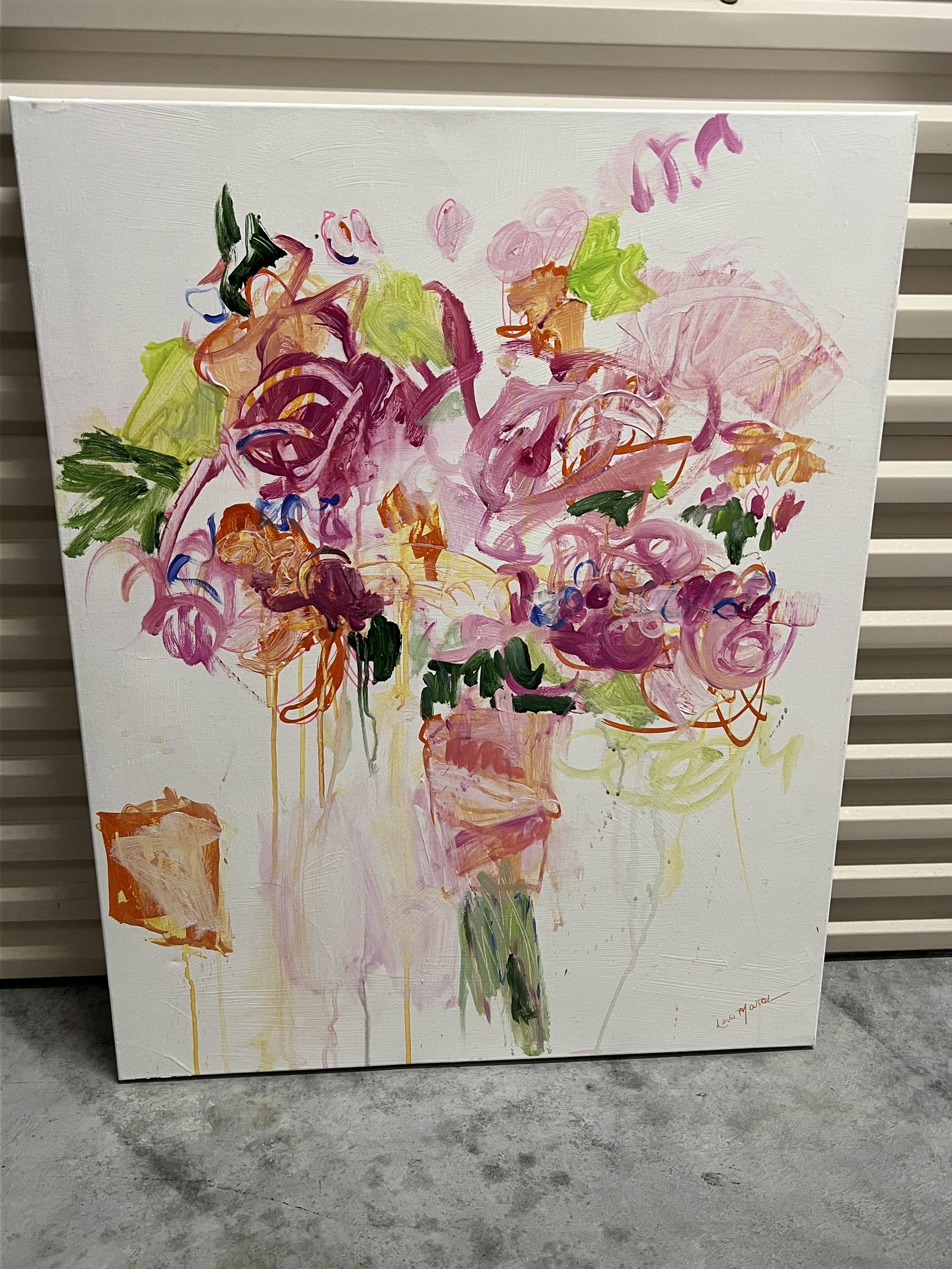 Leslie Martel Original Oil on Canvas Painting: Pink floral painting by artist Leslie Martel. Dimensions: H 30" x W 24" Condition: Very good. Low Estimate: 10.00 High Estimate: 10000.00