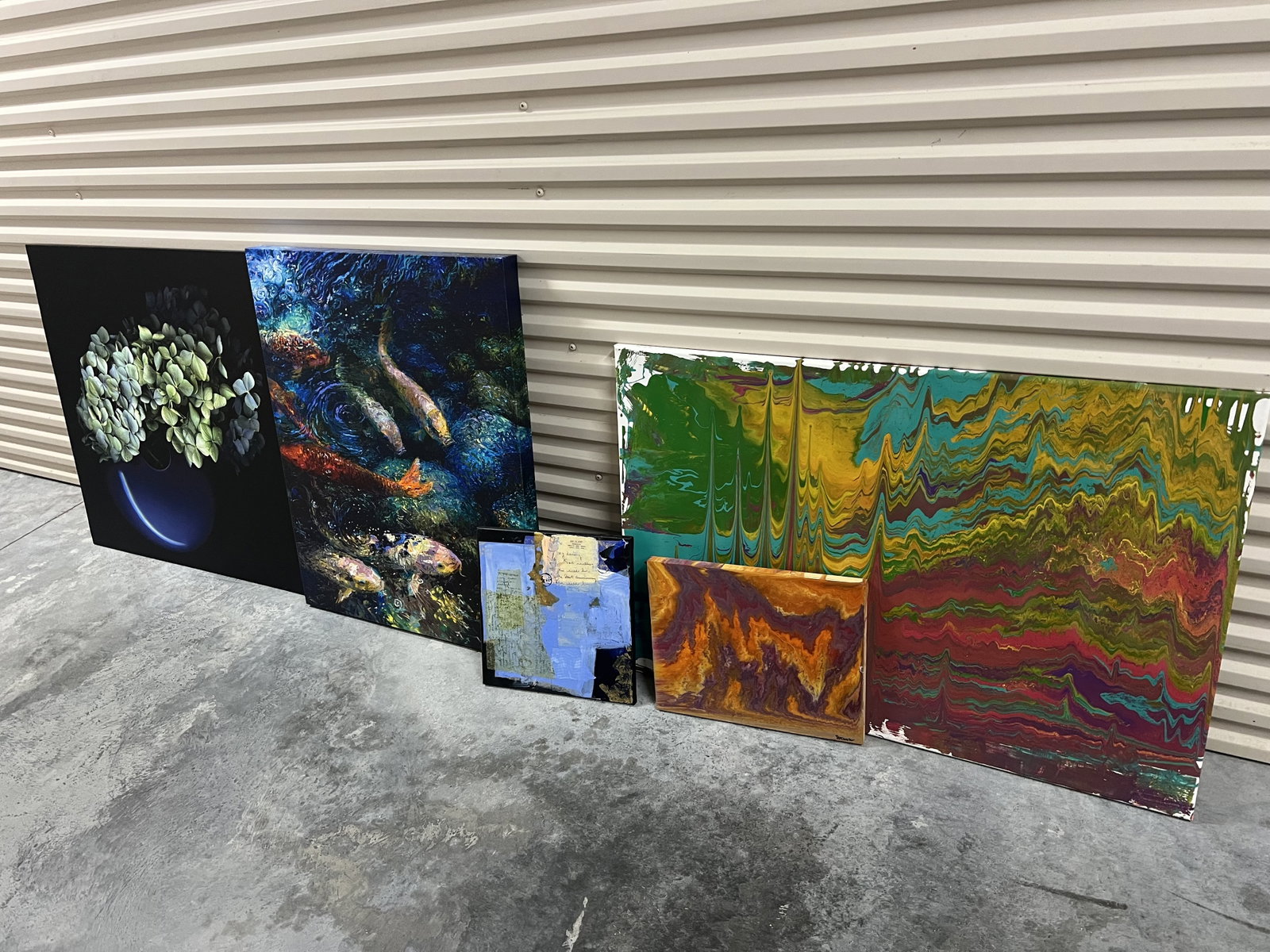 (5) Contemporary Decorative Prints and Paintings: Acrylic pour, wrapped canvas and more. Dimensions: Koi: H 30" x W 24" Condition: Lightly used. Low Estimate: 10.00 High Estimate: 10000.00
