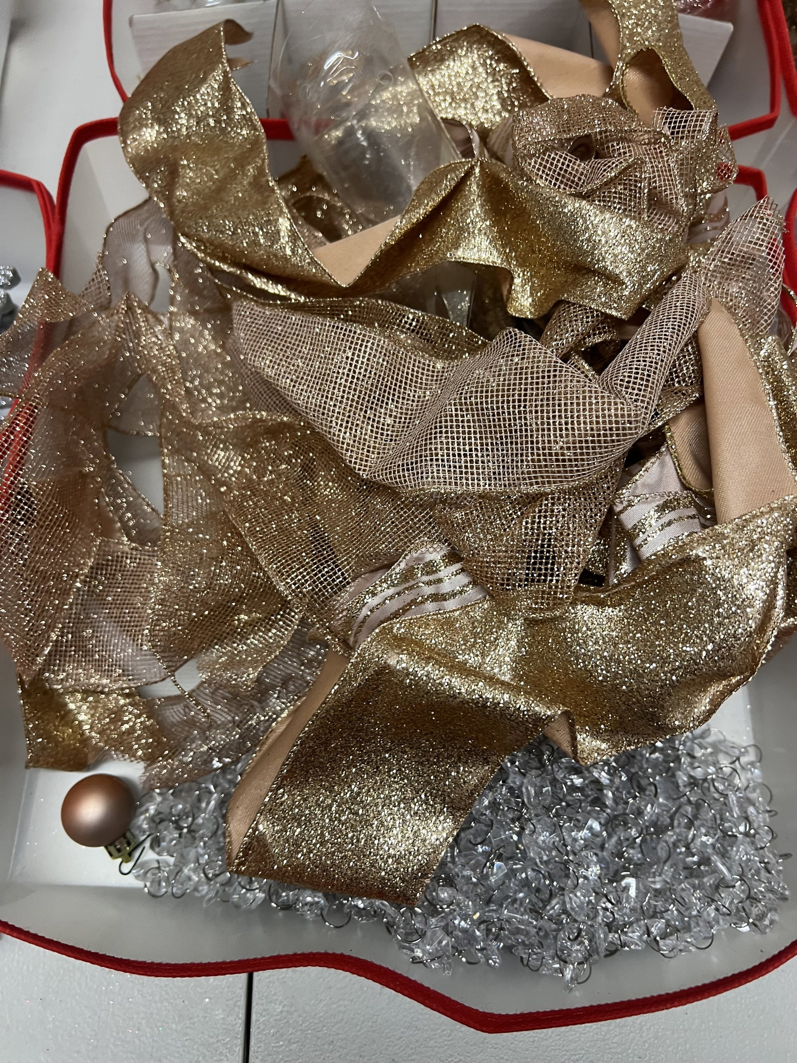 (2) Bins of Pink and Rose Gold Christmas Decorations - 10
