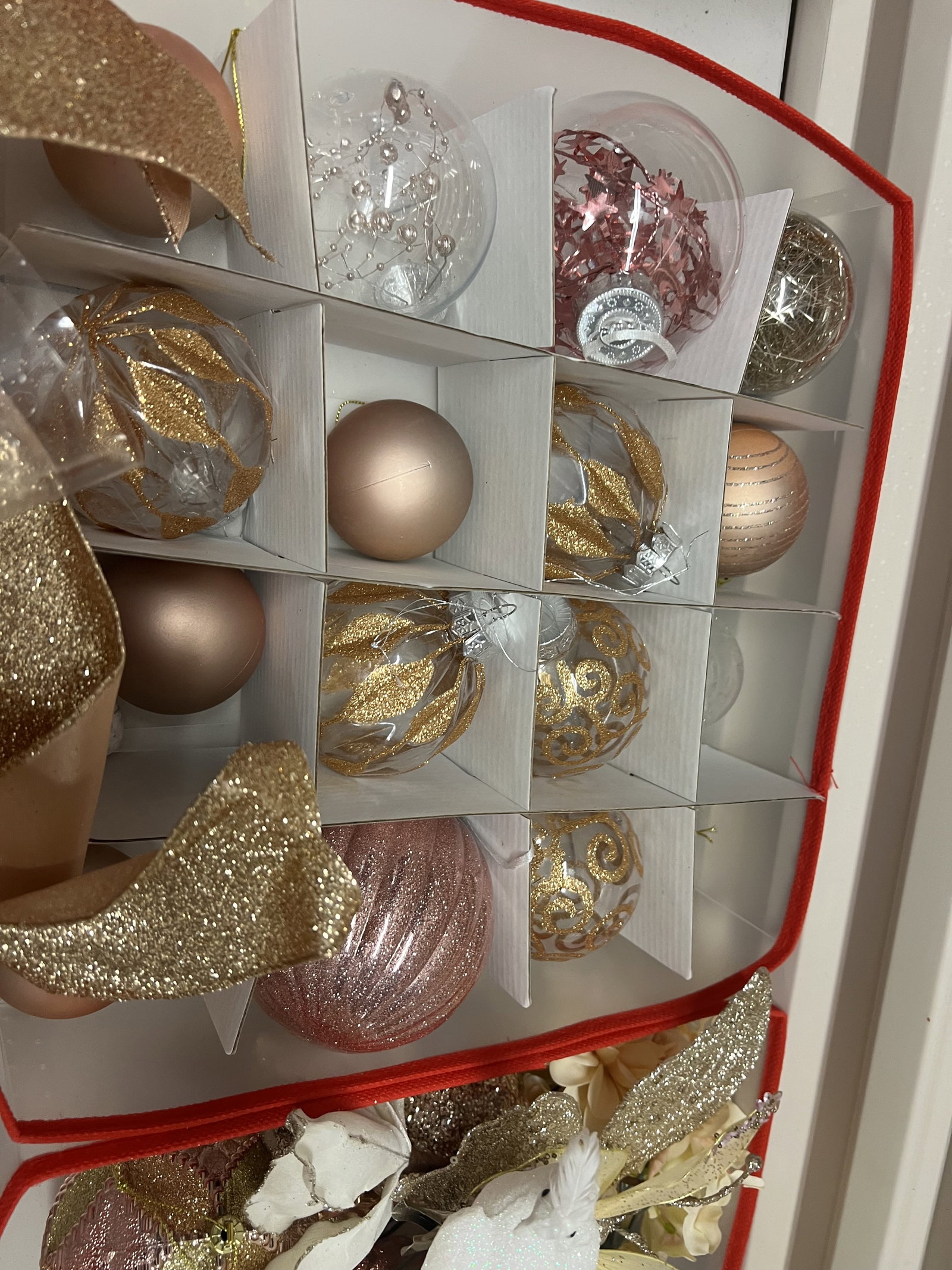 (2) Bins of Pink and Rose Gold Christmas Decorations - 12