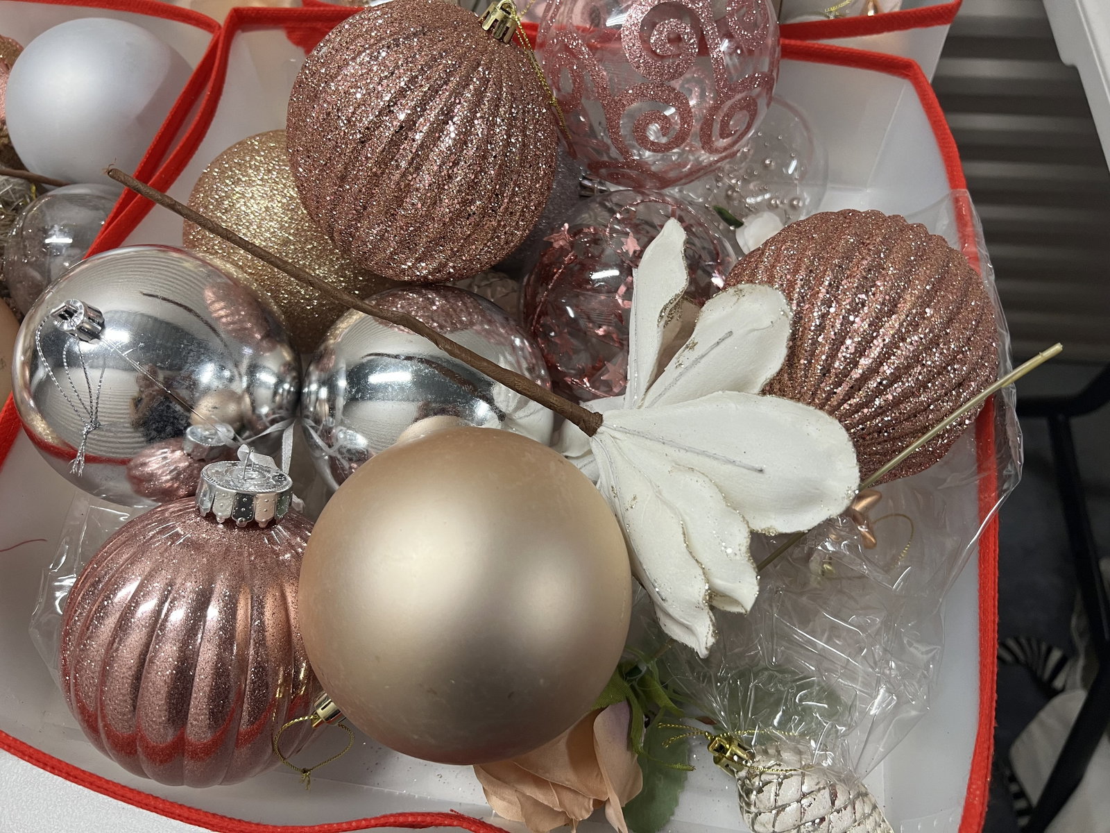 (2) Bins of Pink and Rose Gold Christmas Decorations - 4