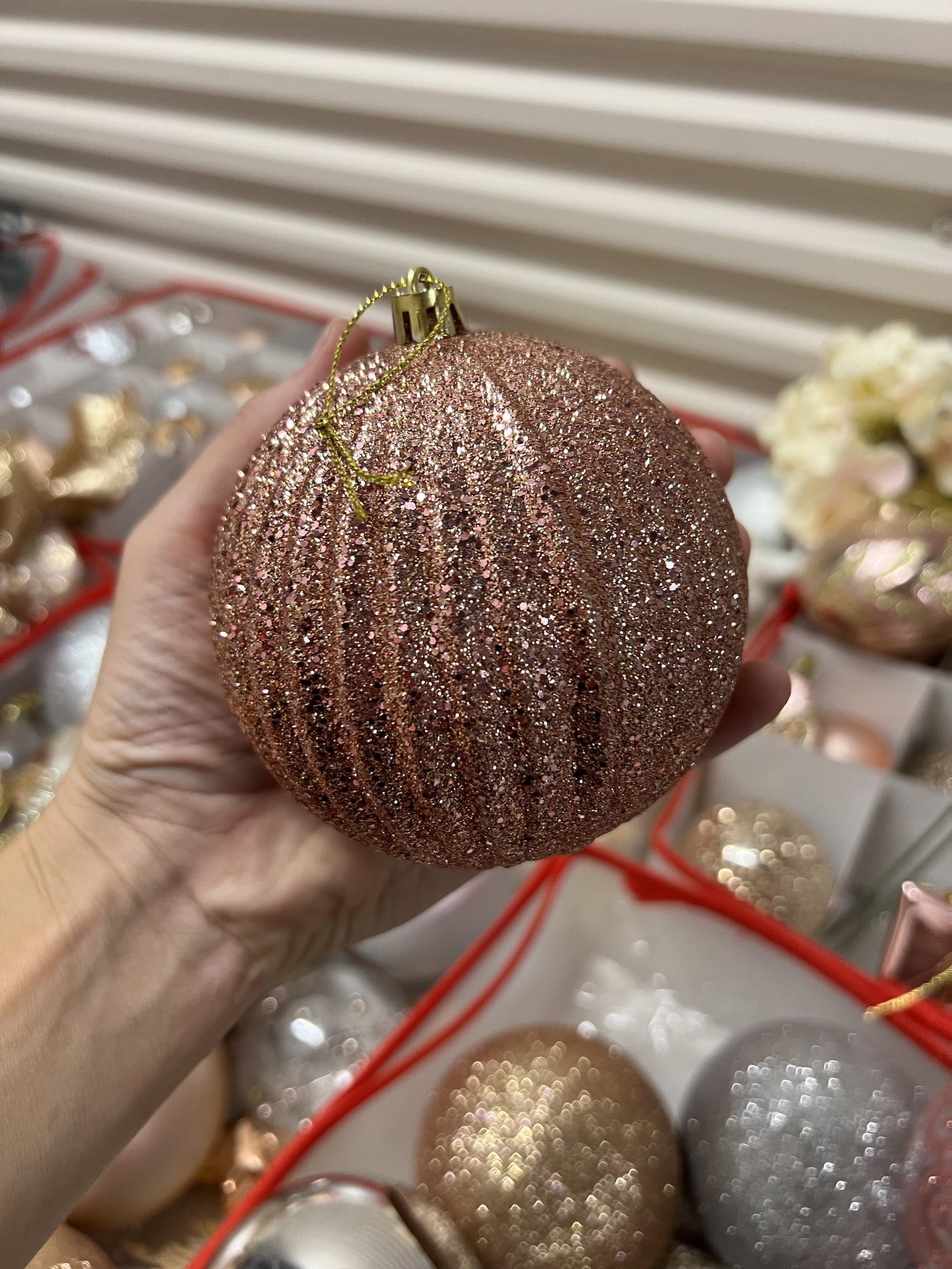 (2) Bins of Pink and Rose Gold Christmas Decorations - 5