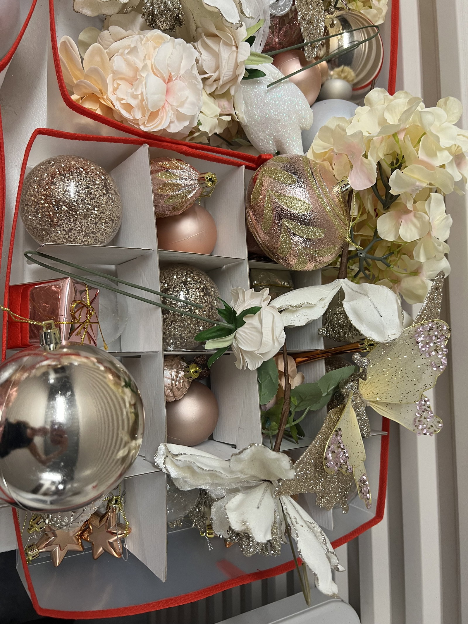 (2) Bins of Pink and Rose Gold Christmas Decorations - 6