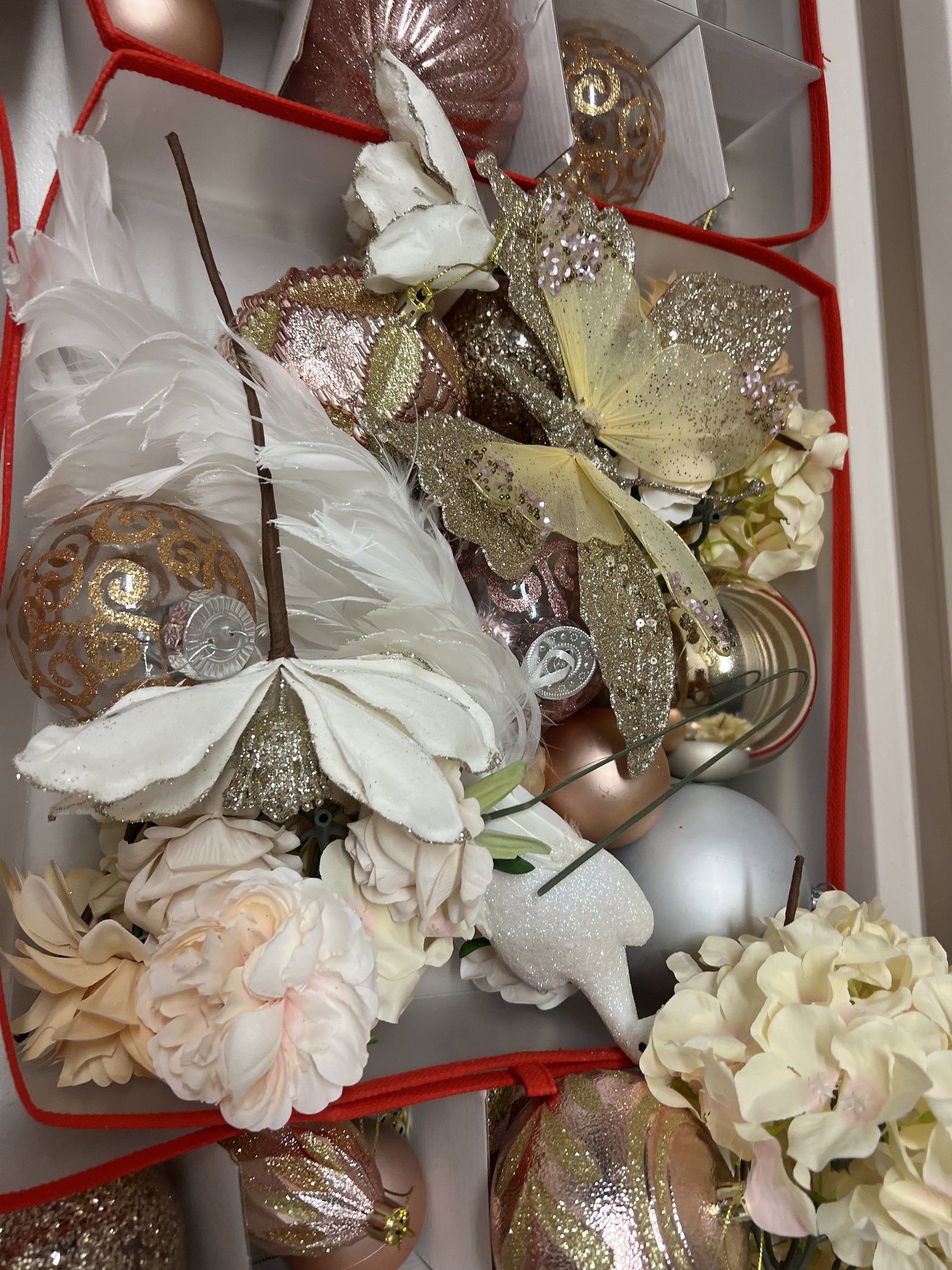 (2) Bins of Pink and Rose Gold Christmas Decorations - 7