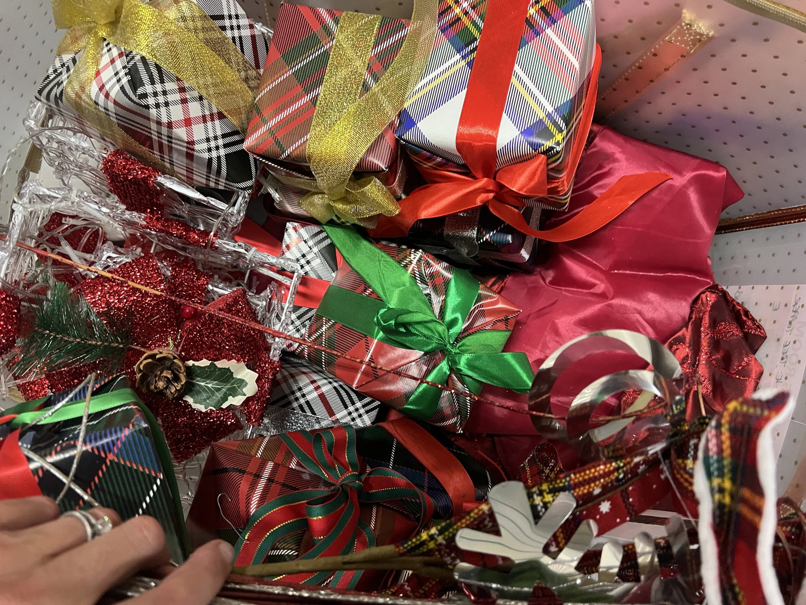 (3) Bins of Plaid Christmas Decorations - 12