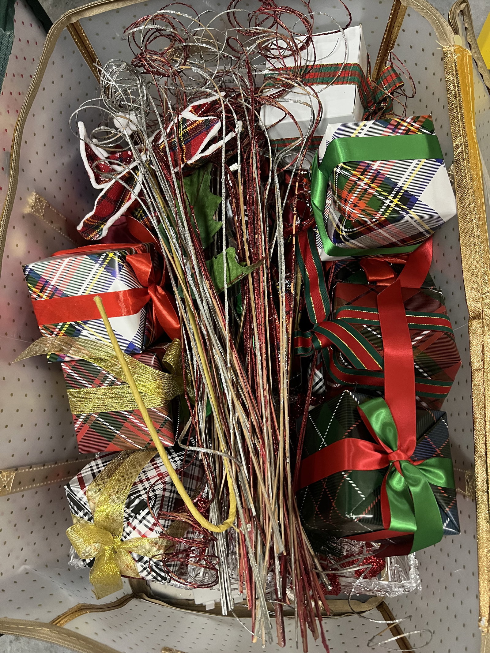 (3) Bins of Plaid Christmas Decorations - 2