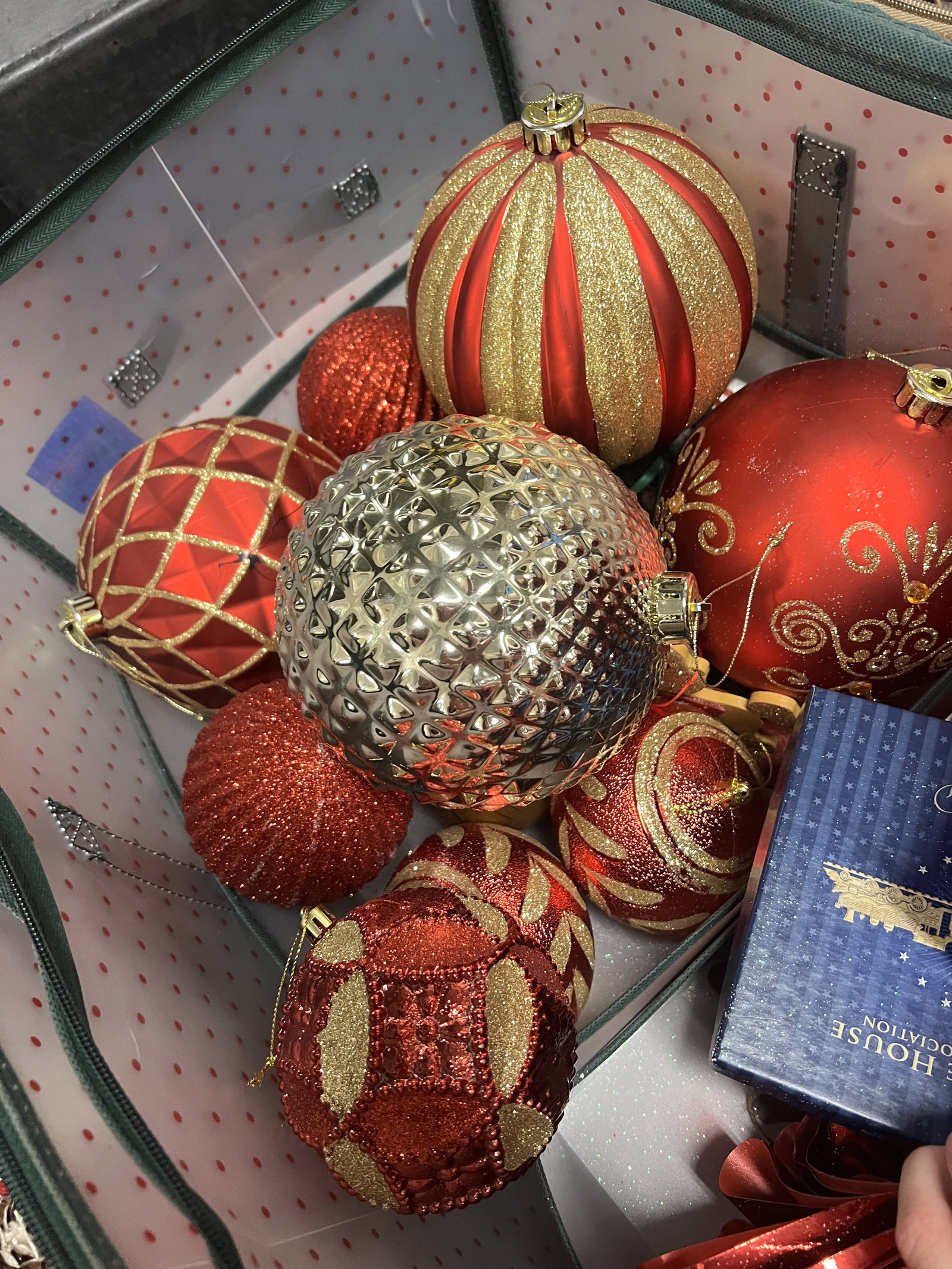 (3) Bins of Plaid Christmas Decorations - 9