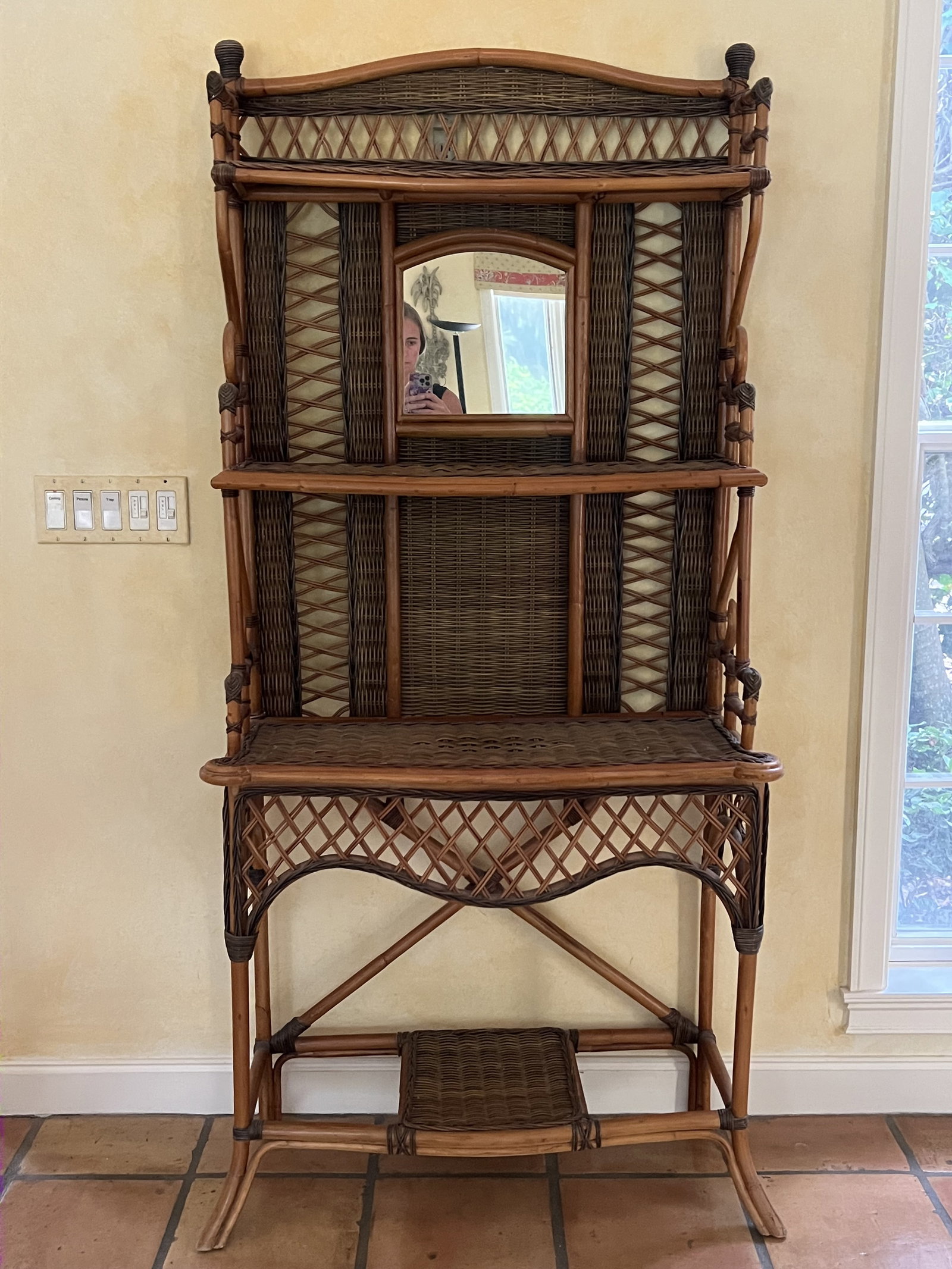 Vintage Rattan and Wicker Hall Stand: Cane and bamboo, aesthetic movement. No makers marks. Dimensions: H 72" x W 34" x D 13.5" Condition: Vintage patina, presenting nicely. Low Estimate: 10.00 High Estimate: 10000.00